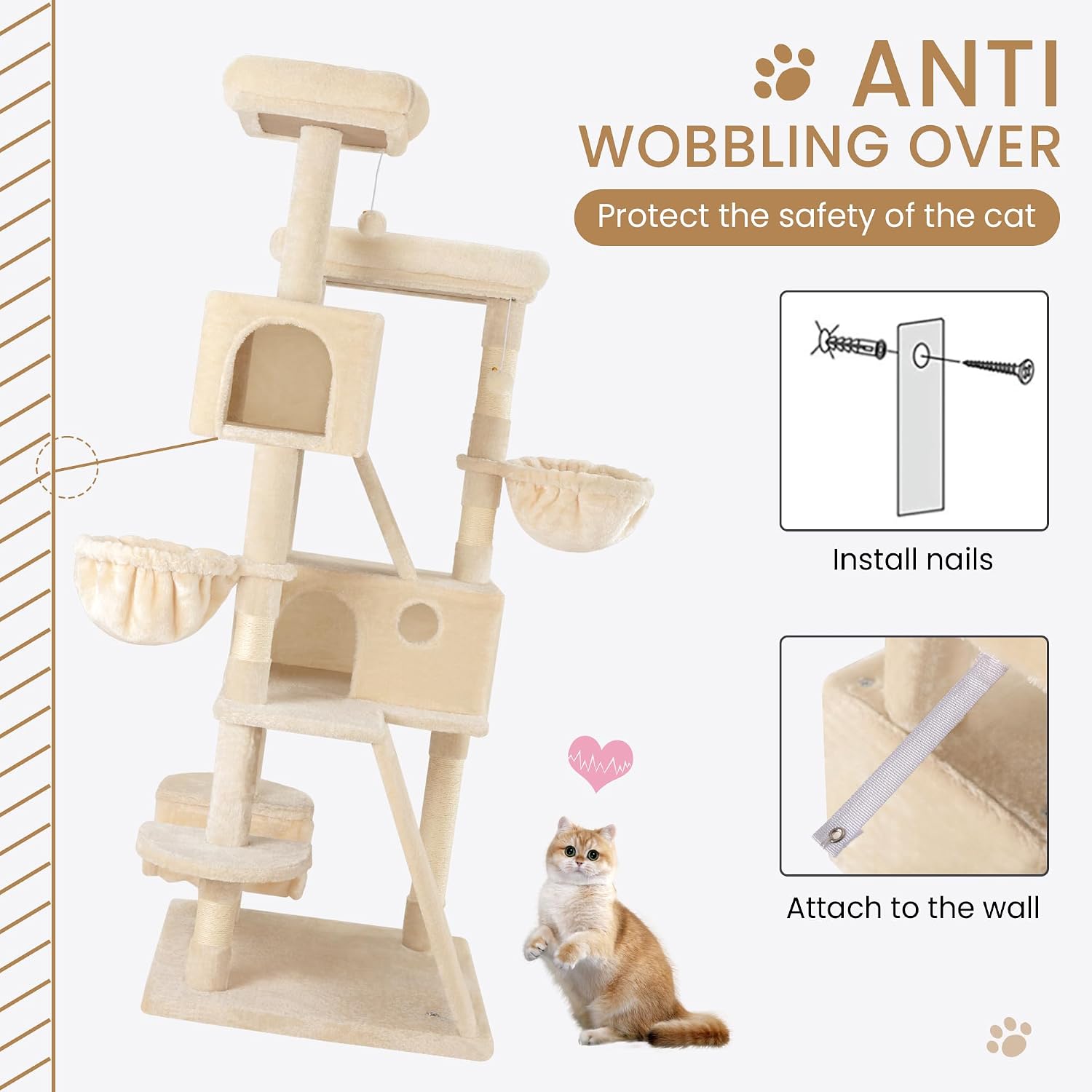 SHA CERLIN 65in Larger Cat Tree Tower Condo for Indoor Kitties/Multi-Level Furniture Activity Center with Wide Base/Cozy Plush Cat Perches/Baskets/Sisal Scratching Posts and Hammock/Beige - Image 7