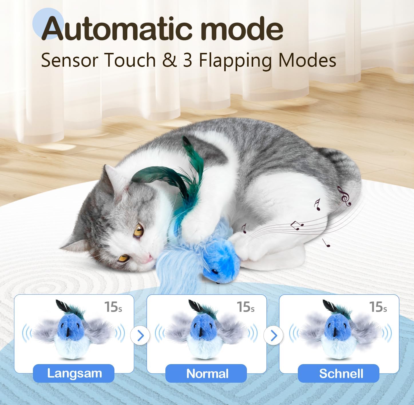 Migipaws Interactive Flapping Bird Cat Toys with Rod, clamp, Elastic String and Catnip, Automatic Chirping Toys for Indoor Cats to Chase, Hanging Feathers for Kitten to Self Play,Rechargeable(Blue) - Image 3