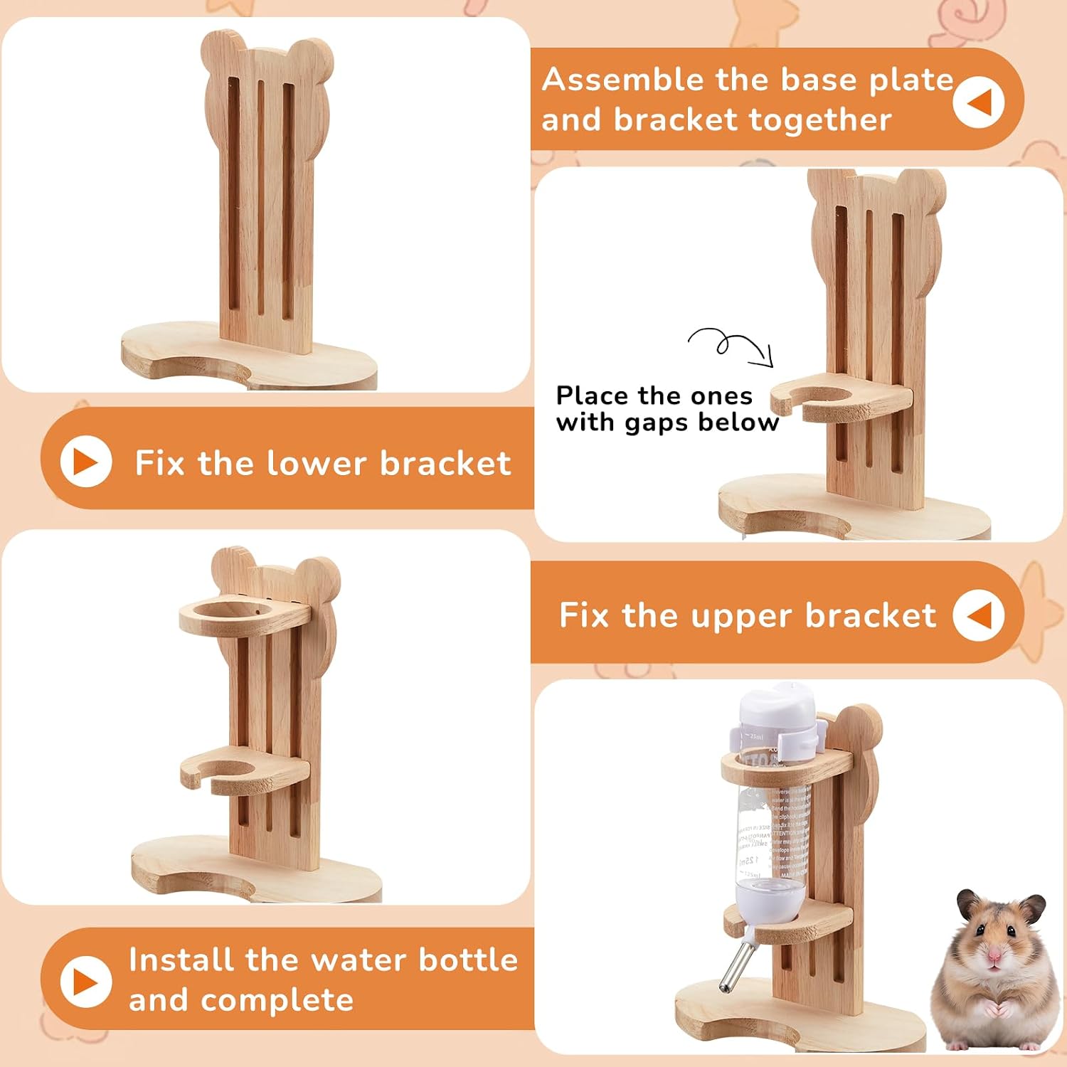 18 Pcs Hamster Cage Accessories, Silent Hamster Wheel, 15 Chew Toys Set, Maze Wood House and Water Bottle Set for Rat Mice Small Animals Habitat (Harmony Wooden Style) - Image 5