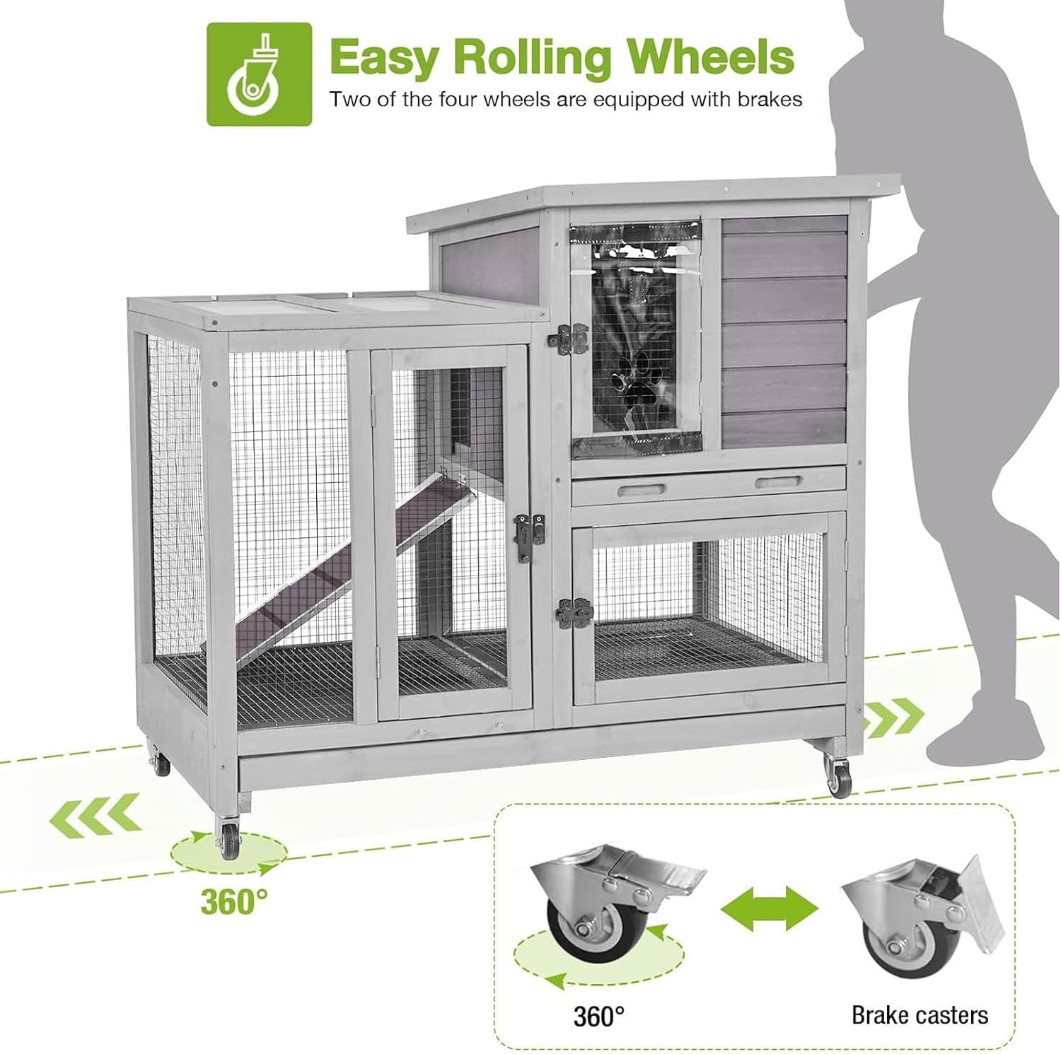 GUTINNEEN Rabbit Hutch Indoor Rabbit Cage with Wire Mesh Floor and Wheels Outdoor Bunny House 2 Story Guinea Pig Cage with Leakproof Asphalt Roof (Higher Version) - Image 4