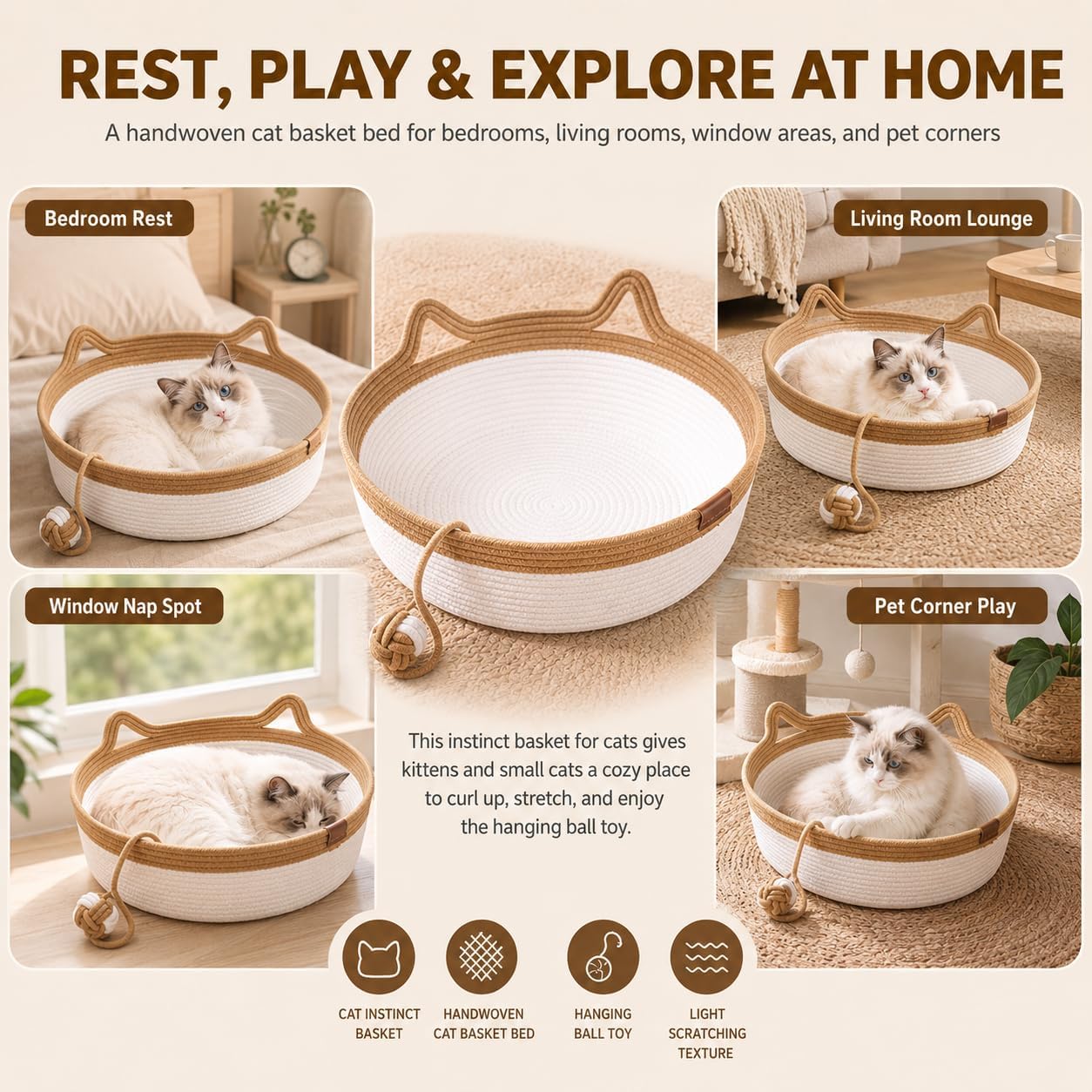 Instinct Basket for Cats, 35/40/46cm Stimuli Handwoven Cat Basket Bed with Cat Ear Handles, Cotton Rope Cat Basket Bed Ball Rope, Indoor Use for All Cats - Image 6