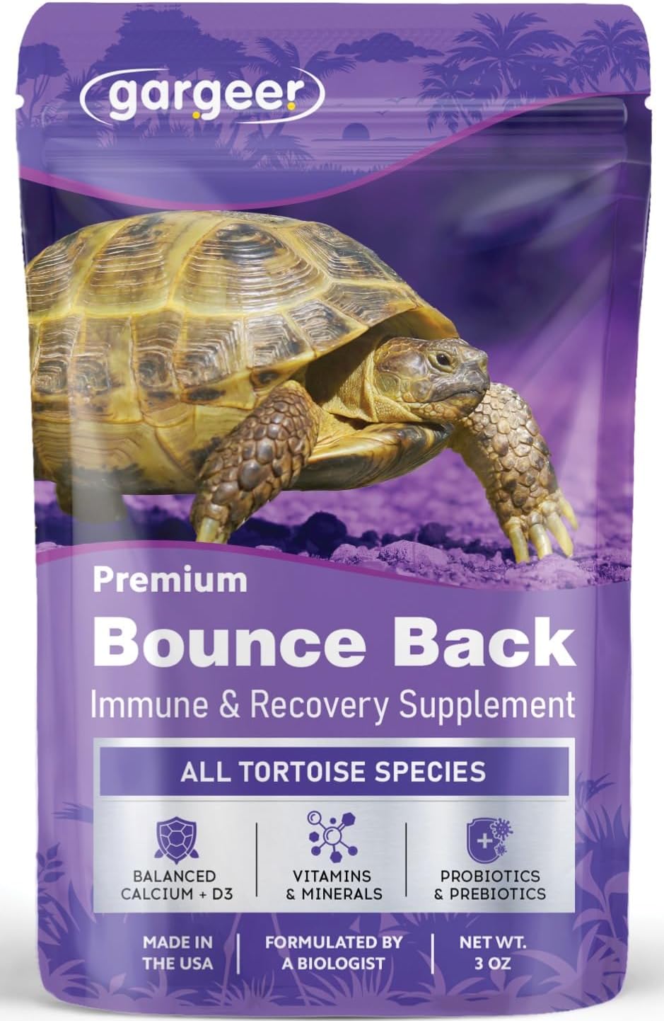 Gargeer Bounce Back Tortoise Immune & Recovery Support Powder Supplement 3oz, Electrolytes, Vitamin C & Immune Support for Sulcata, Red Foot & All Tortoise Species. Made in the USA. Enjoy!