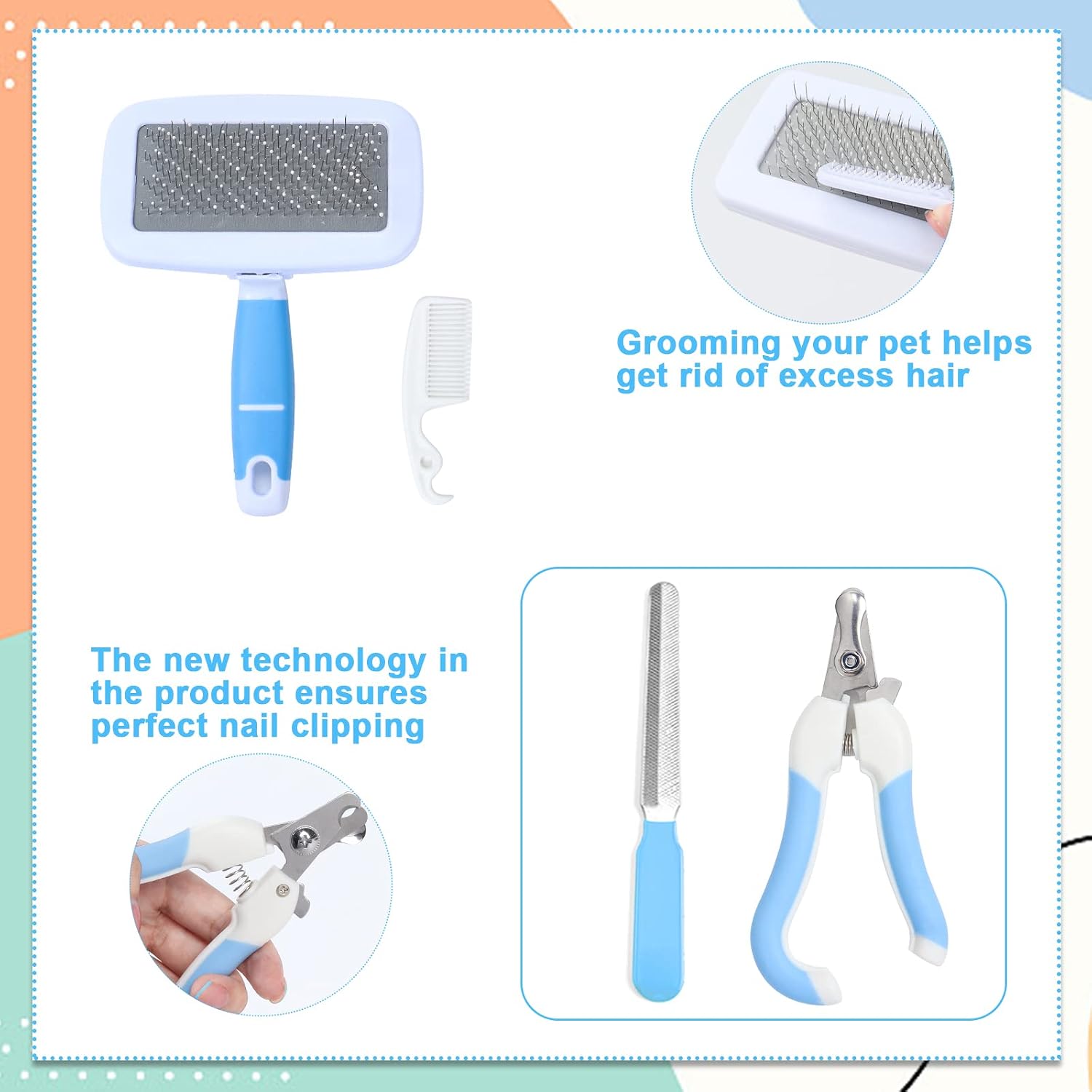 VCZONE Small Animal Grooming Set: Pet Nail Clipper & File, Flea Comb, Shampoo Brush, Shedding Slicker Brush, Massage Glove, Cleaning Comb (Blue) - Image 5