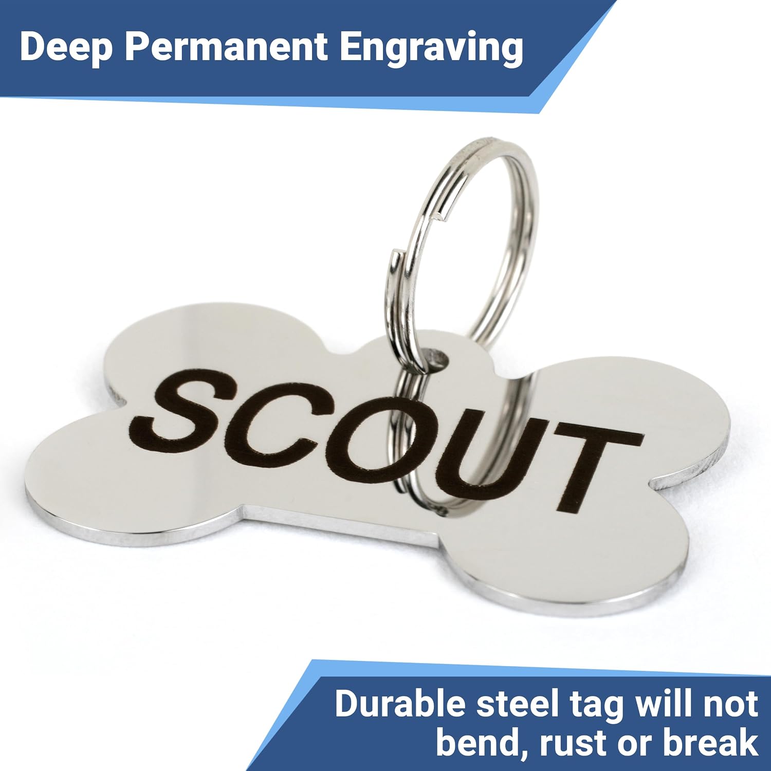 GoTags Stainless Steel Pet ID Tags, Personalized Dog Tags and Cat Tags, up to 8 Lines of Custom Text, Engraved on Both Sides, in Bone, Round, Heart, Bowtie and More (Dog Bone, Regular (Pack of 1)) - Image 3