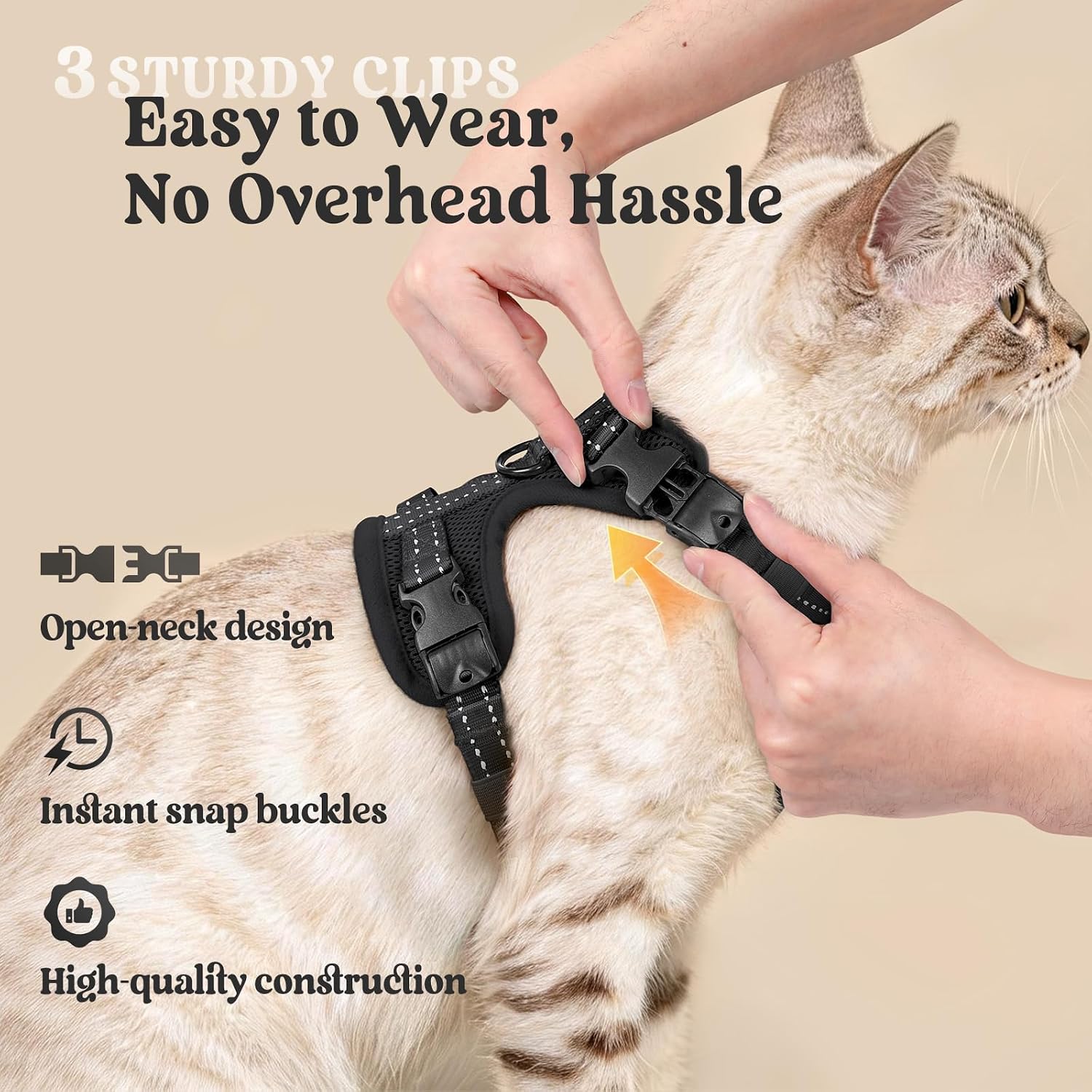 rabbitgoo Cat Harness and Leash, Easy-on with Neck Buckle, Black | Escape Proof, No Over-the-head, Soft Air Mesh, 3 Lockable Adjusters & Buckles, Reflective, for Medium to Large Cats Walks, M - Image 4