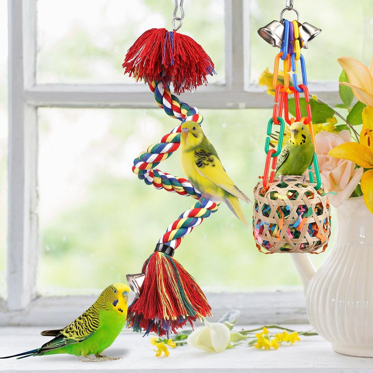Bird Toys Rope Perch with Bell Colorful Bird Chewing Shredding Foraging Toys Parrot Swing Climbing Standing Hanging Toys Cage Accessories for Conure Cockatiel Budgies Lovebird - Image 2