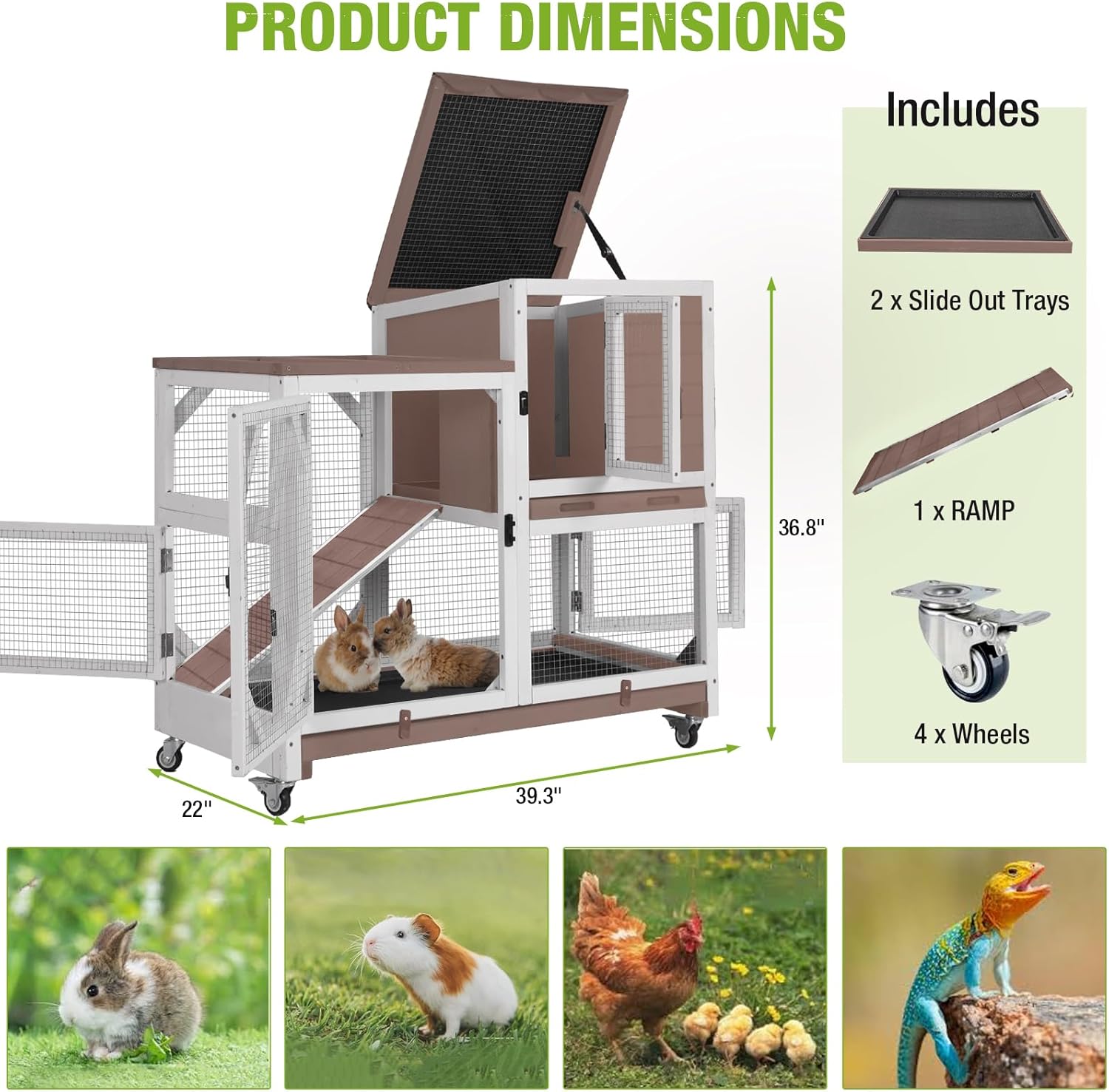 Gutinneen 2-Story Rabbit Hutch with Chew-Proof Ramp & Leak-Proof Trays - Indoor/Outdoor 39.3" Wooden Rabbit Cage with Wheels for Rabbits, Guinea Pigs - Image 7