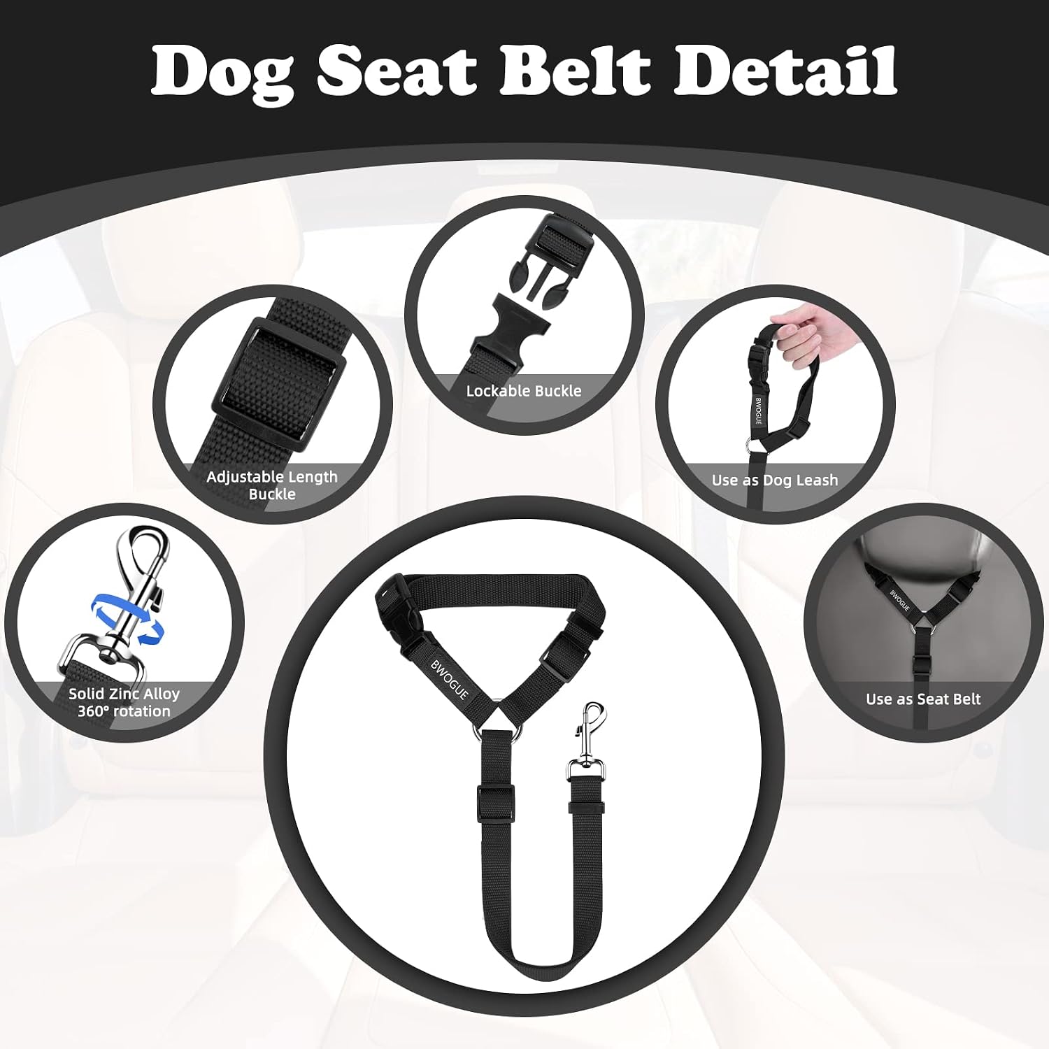 BWOGUE 2 Packs Dog Cat Safety Seat Belt Strap Car Headrest Restraint Adjustable Nylon Fabric Dog Restraints Vehicle Seatbelts Harness - Image 3