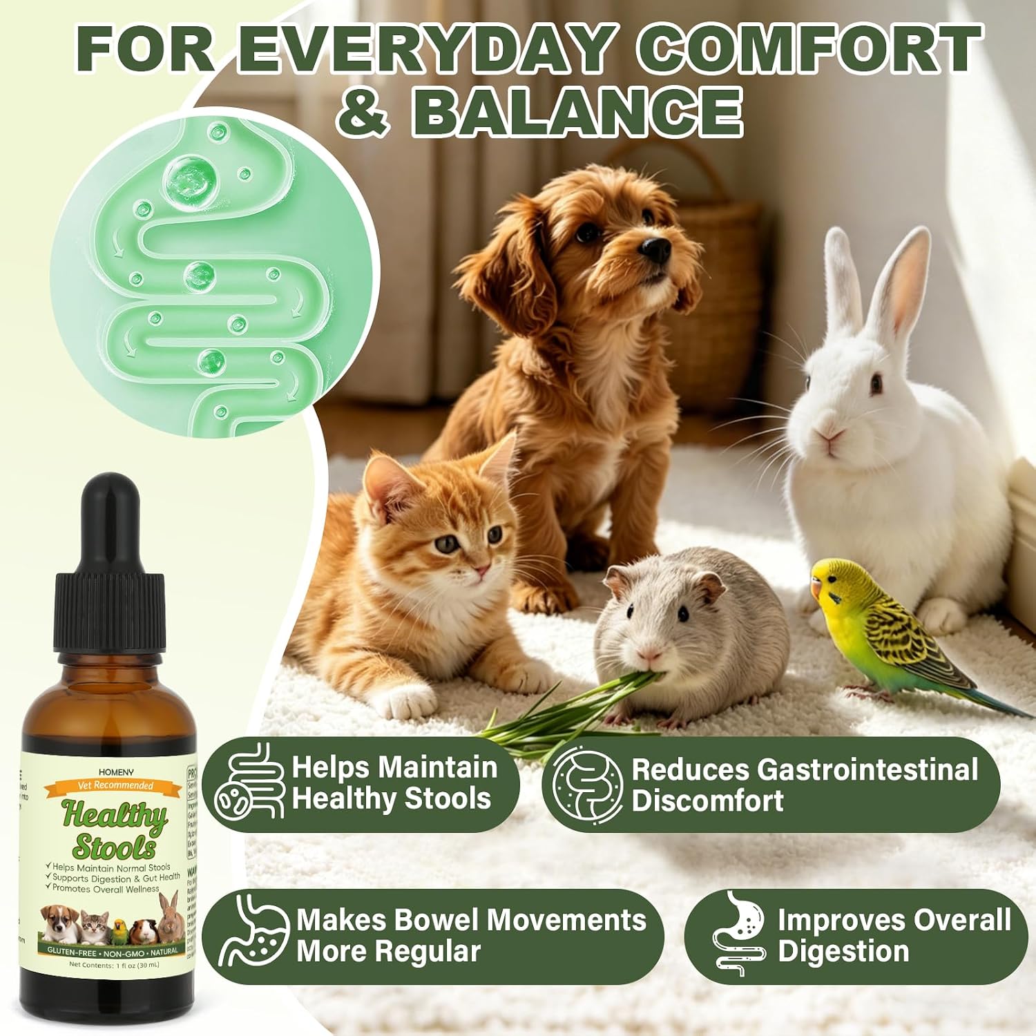 Pet Digestive Supplement, Healthy Stool Support Drops for Dogs, Cats, Birds, Guinea Pigs & Rabbits, Natural Herbs Liquid for Gut Health, Stool Consistency & Sensitive Stomach - 1 oz - Image 3