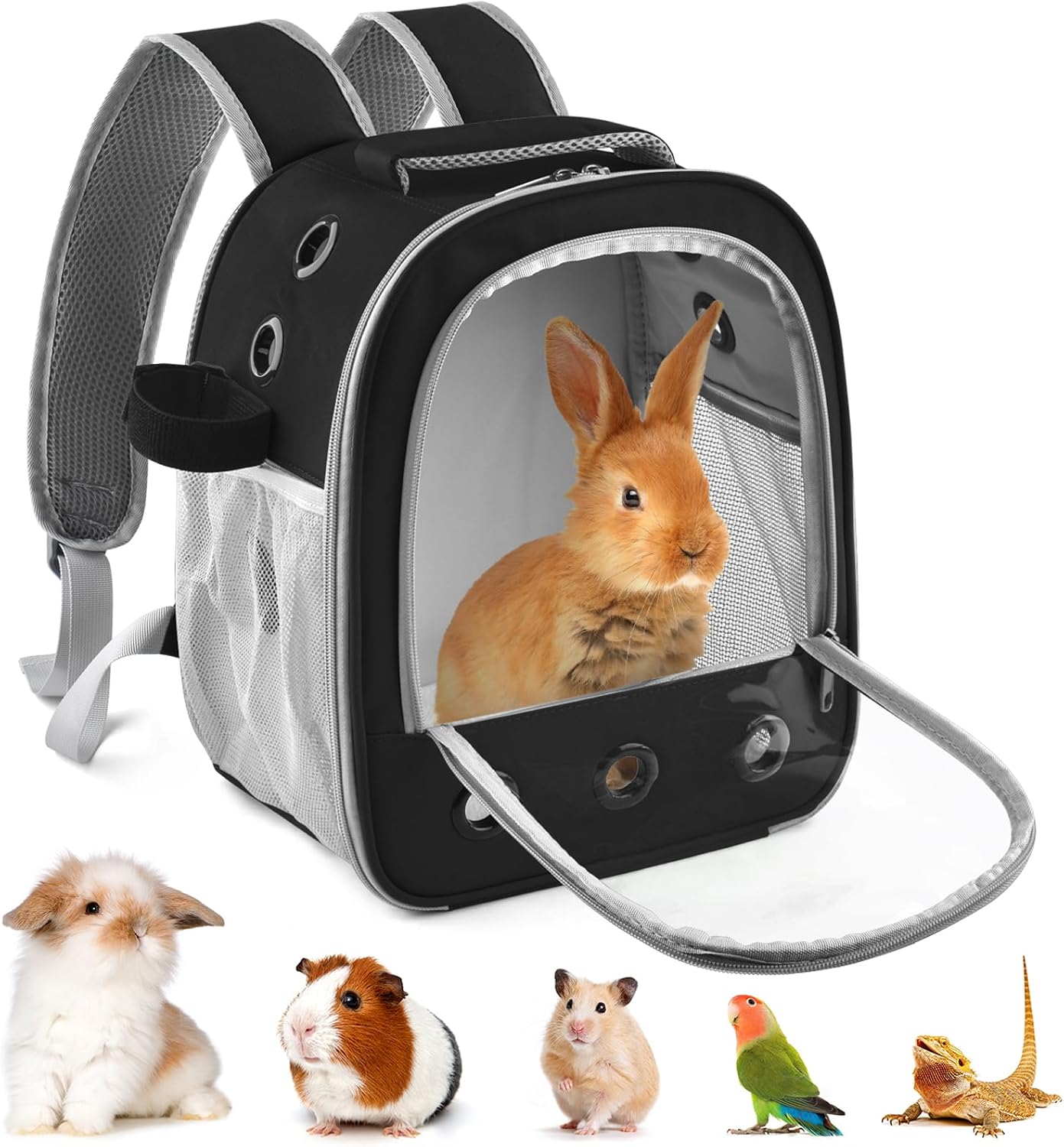 DBNESS Guinea Pig Carrier Backpack, Portable Rabbit Travel Carring Bag for Pet Bunny Chinchilla Bearded Dragon Hamster Parrot Outgoing Pouch Case with Water Bottle Holder & Detachable Pad (Black)