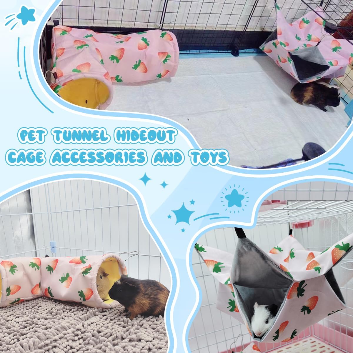 Large Caliber Guinea Pig Hideout & Hammock, Corner Hideout Toy for Guinea Pig, Ferret, Hedgehog, Piggy-2 Tunnel Strawberry - Image 3