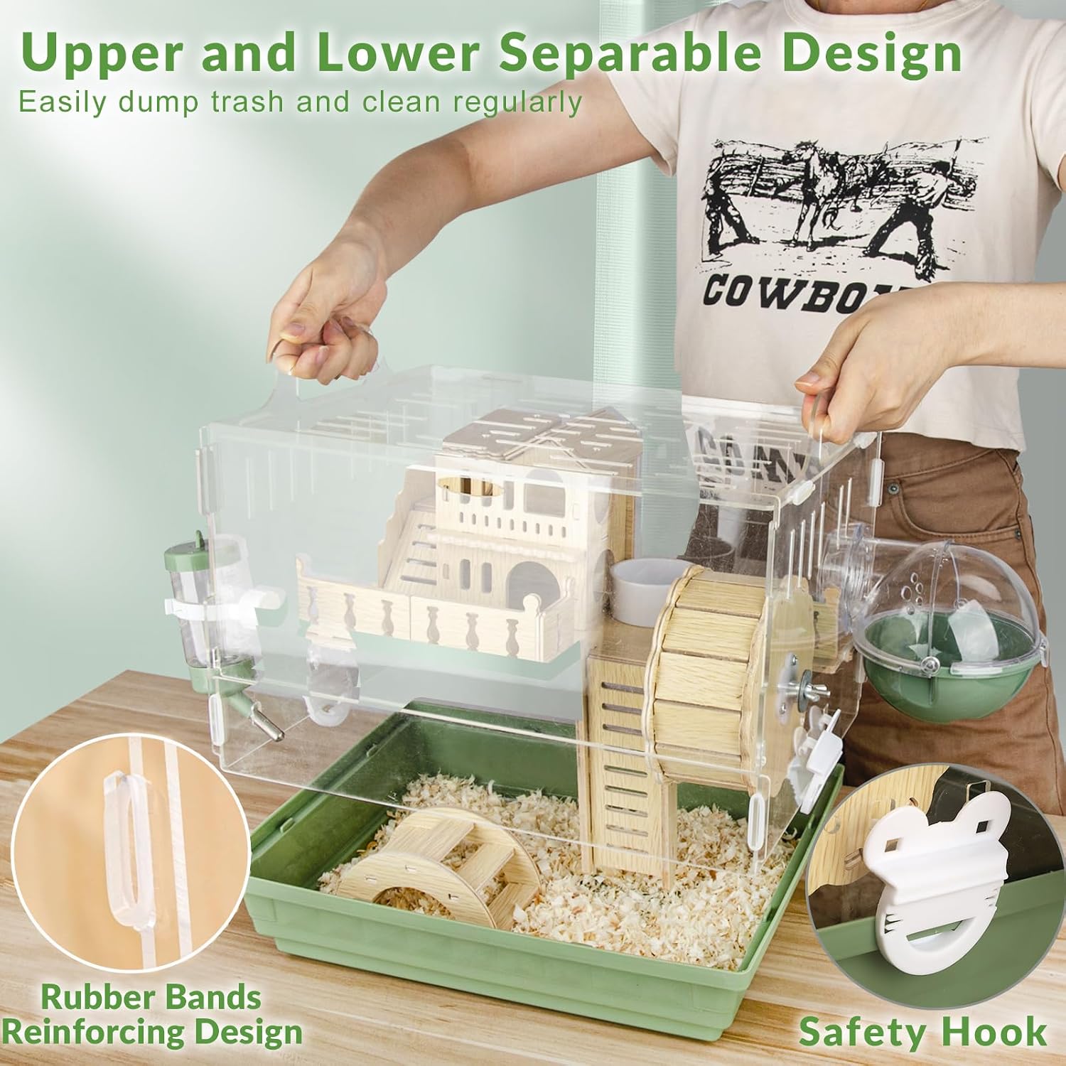 Cycodo 8 in 1 Acrylic Hamster Cage,2-Tier Dwarf Hamster Cage with Wooden Wheel & Hideout,Small Hamster Habitat with Accessories,Clear Pet Mice House(Green,14" L*10" W*11" H) - Image 5