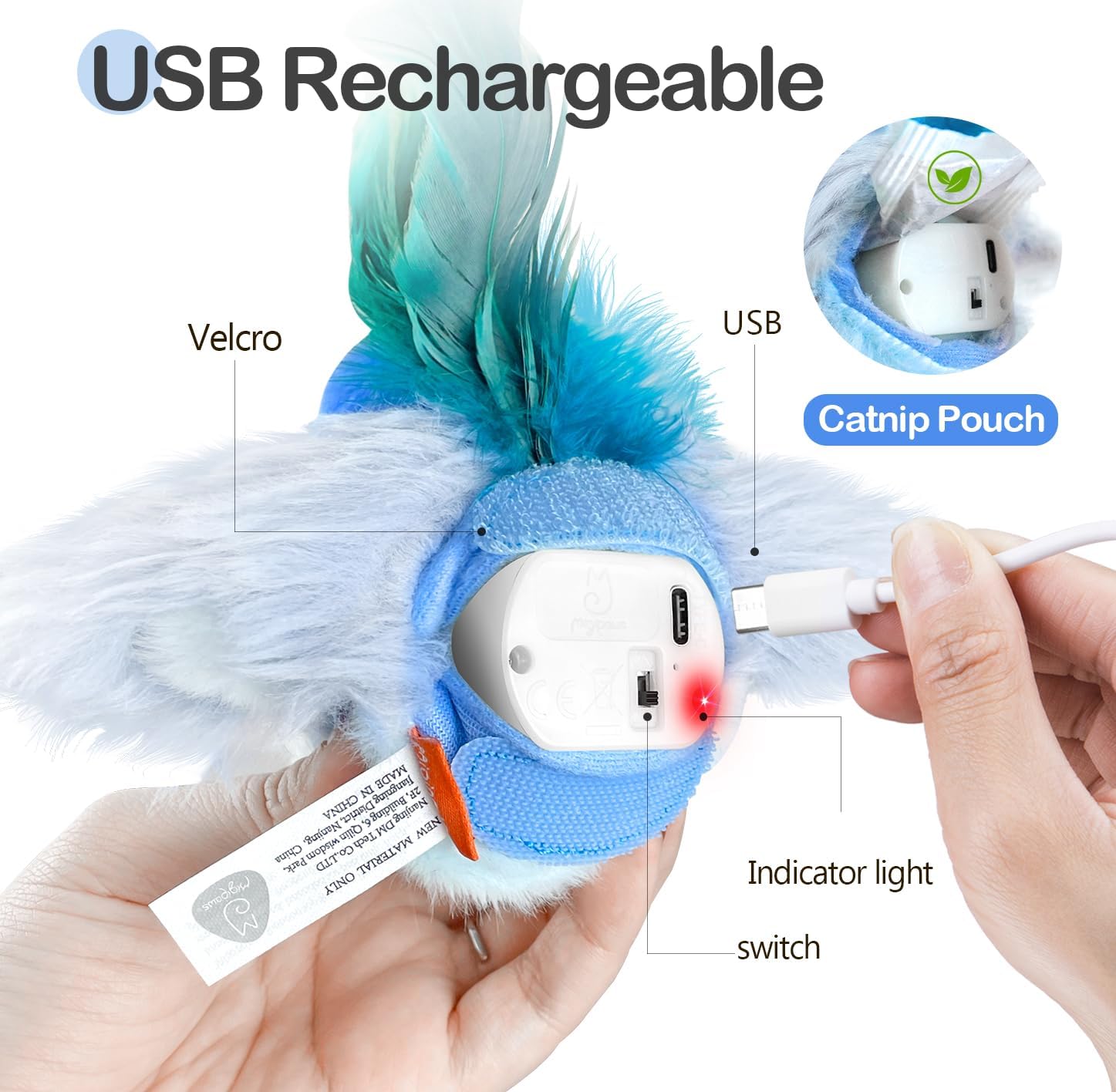Migipaws Interactive Flapping Bird Cat Toys with Rod, clamp, Elastic String and Catnip, Automatic Chirping Toys for Indoor Cats to Chase, Hanging Feathers for Kitten to Self Play,Rechargeable(Blue) - Image 6