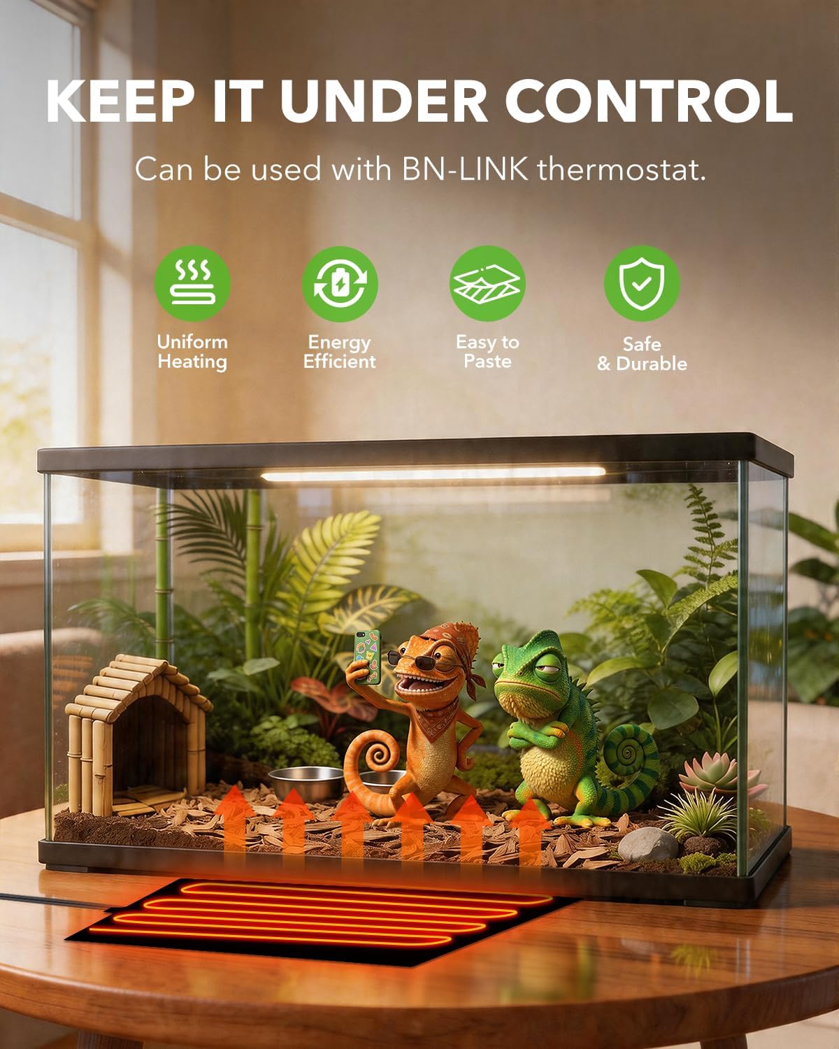 BN-LINK Reptile Heat Pad 6"X8" 8W for 10-20gal Under Tank Terrarium Heating Mat Waterproof for Turtle, Lizard, Frogs, Snake, Hermit Crab - Image 3