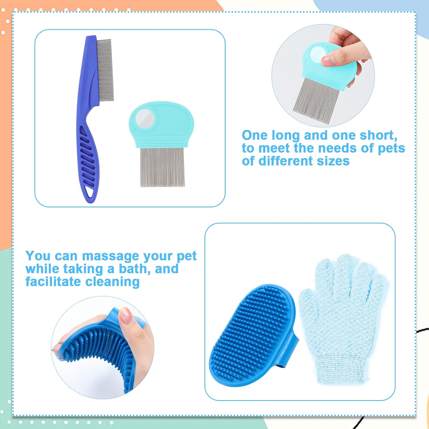 VCZONE Small Animal Grooming Set: Pet Nail Clipper & File, Flea Comb, Shampoo Brush, Shedding Slicker Brush, Massage Glove, Cleaning Comb (Blue) - Image 6