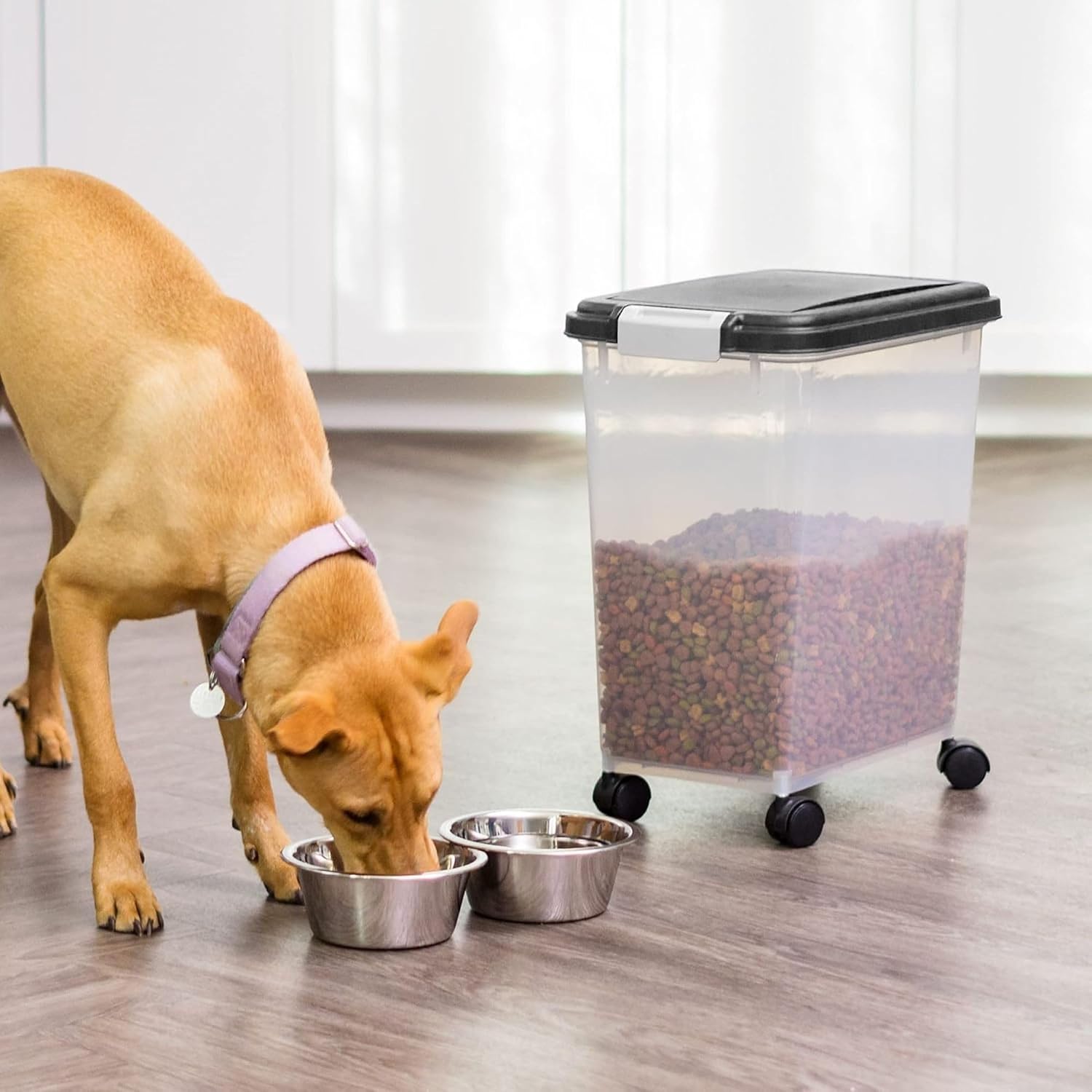 IRIS USA Airtight Pet Food Storage Container with Wheels, Black, 30 lb Capacity - BPA-Free Clear Plastic Bin with Snap-Lid Seal to Keep Kibble, Pellets or Seeds Fresh for Dogs, Cats and Birds - Image 2