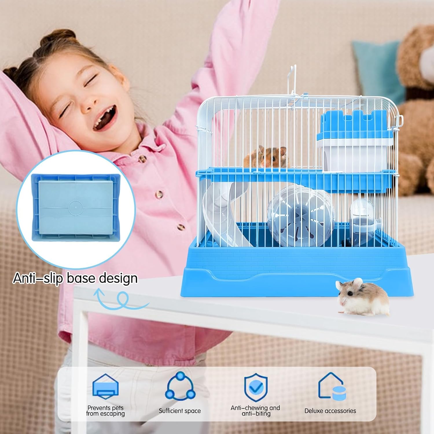 PINVNBY 2-Tier Dwarf Hamster Cage, Travel Portable Guinea Pig Cages Rat Cage and Habitats Small Animal Carrier with Castle House Exercise Wheels, Water Bottle and Food Dish(Blue) - Image 6