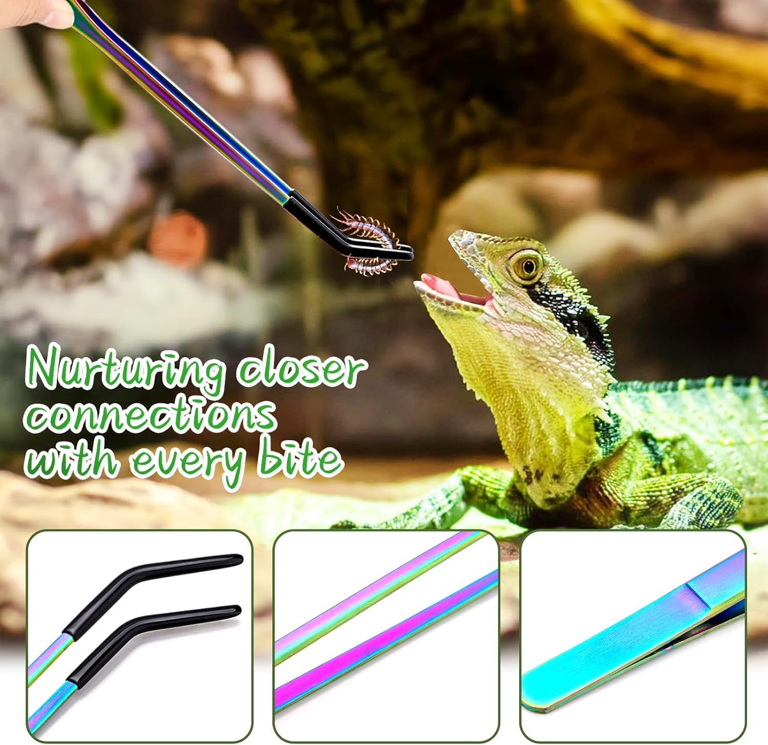 OLIISS Stainless Steel Reptile Feeding Tongs with Rubber Tip - 10.6" Straight & Curved Tweezers for Aquariums & Crafts - Feeder Tools for Bearded Dragons & Lizards - Terrarium Tank Supplies - 2 Pack - Image 3