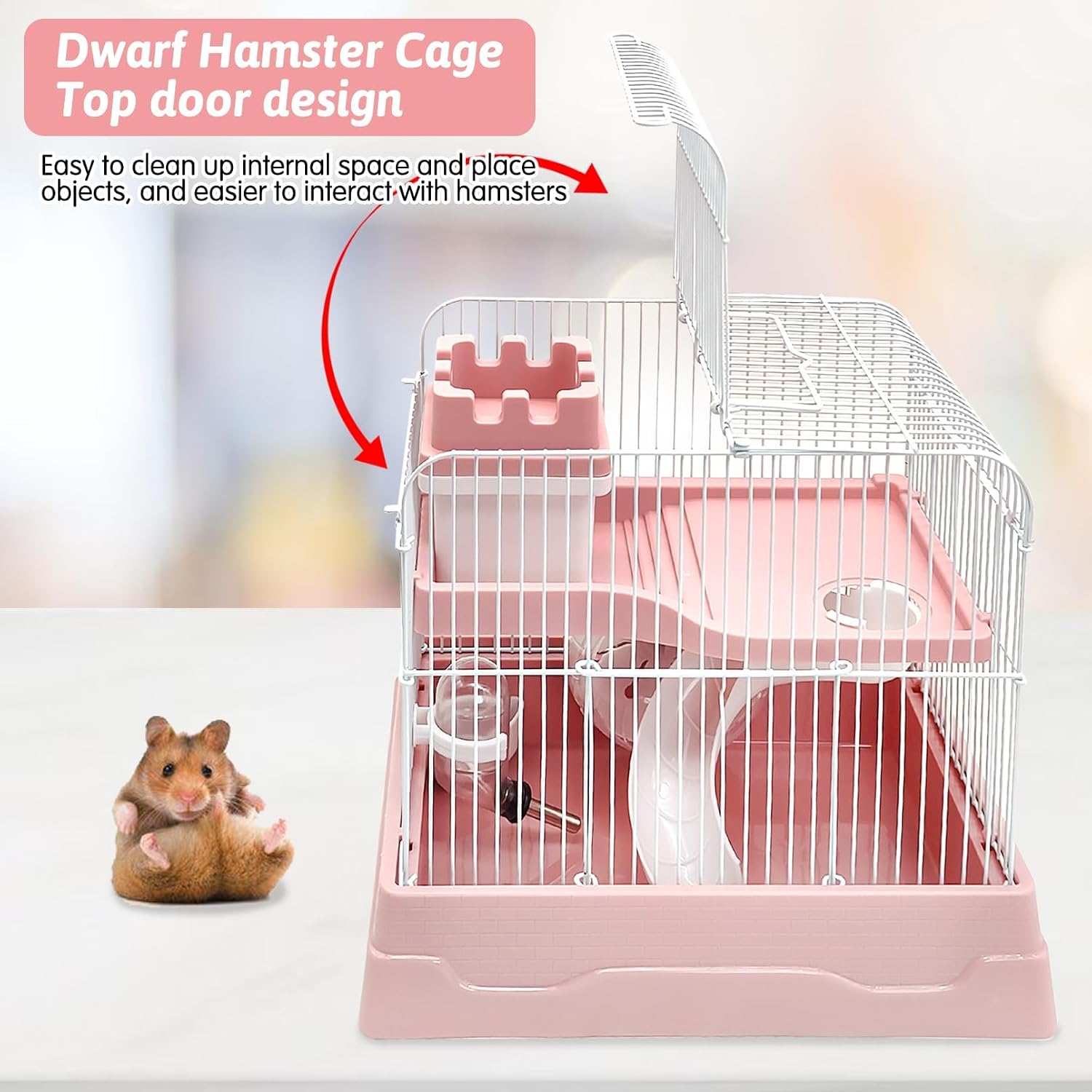 PINVNBY 2-Tier Dwarf Hamster Cage, Travel Portable Guinea Pig Cages Rat Cage and Habitats Small Animal Carrier with Castle House Running Exercise Wheels, Water Bottle and Food Dish (Pink - Image 5