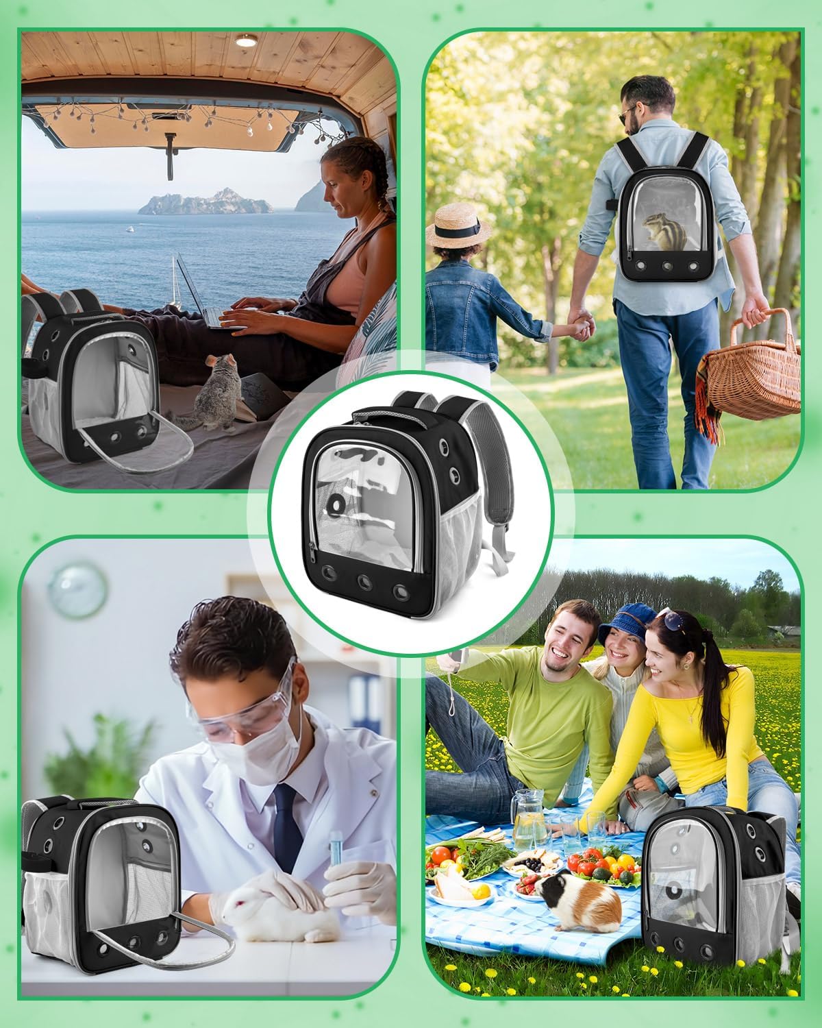 DBNESS Guinea Pig Carrier Backpack, Portable Rabbit Travel Carring Bag for Pet Bunny Chinchilla Bearded Dragon Hamster Parrot Outgoing Pouch Case with Water Bottle Holder & Detachable Pad (Black) - Image 6