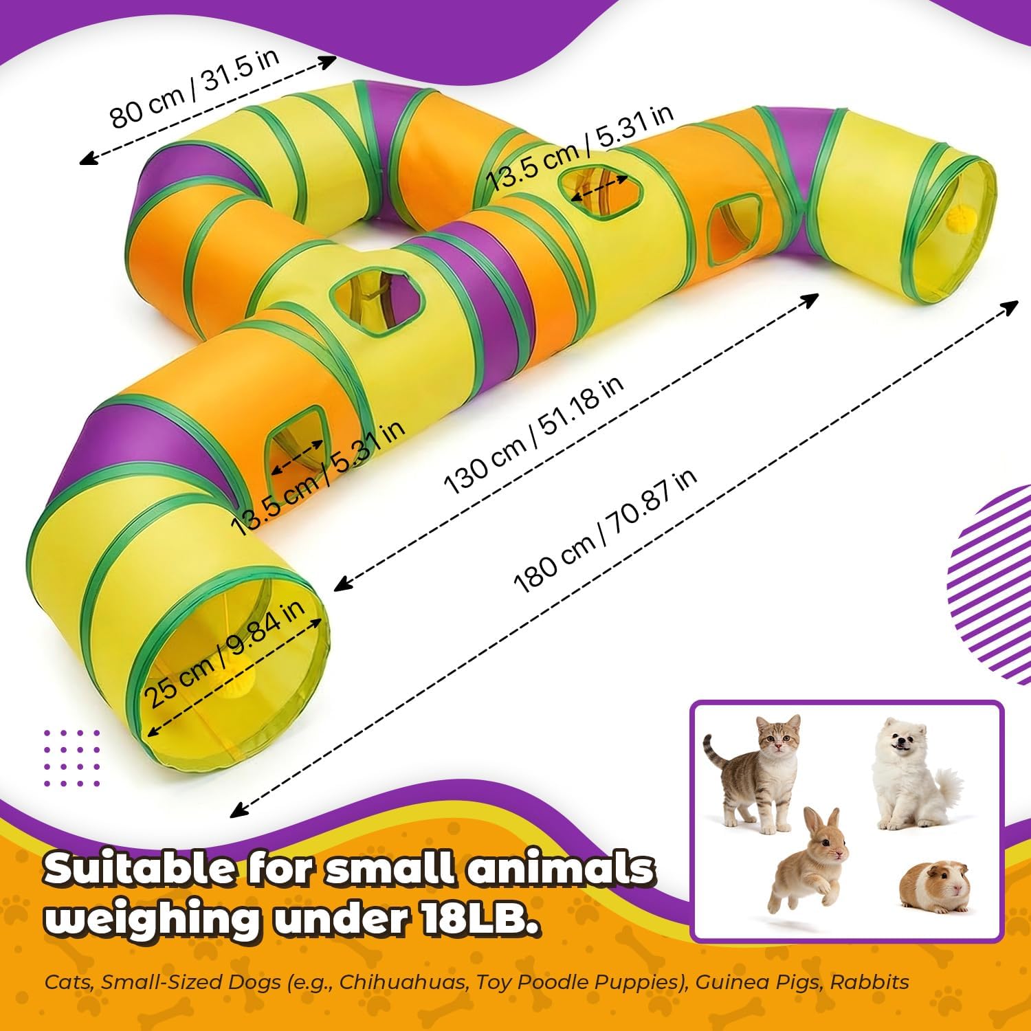 Cat Tunnel for Indoor Cats Large, Collapsible Cat Playhouse Pet Play Tunnel Tube Maze with Hanging Pom-Poms and Interactive Holes for Kitten, Kitty, Puppy, Rabbits, Ferret, Guinea Pig - Image 2