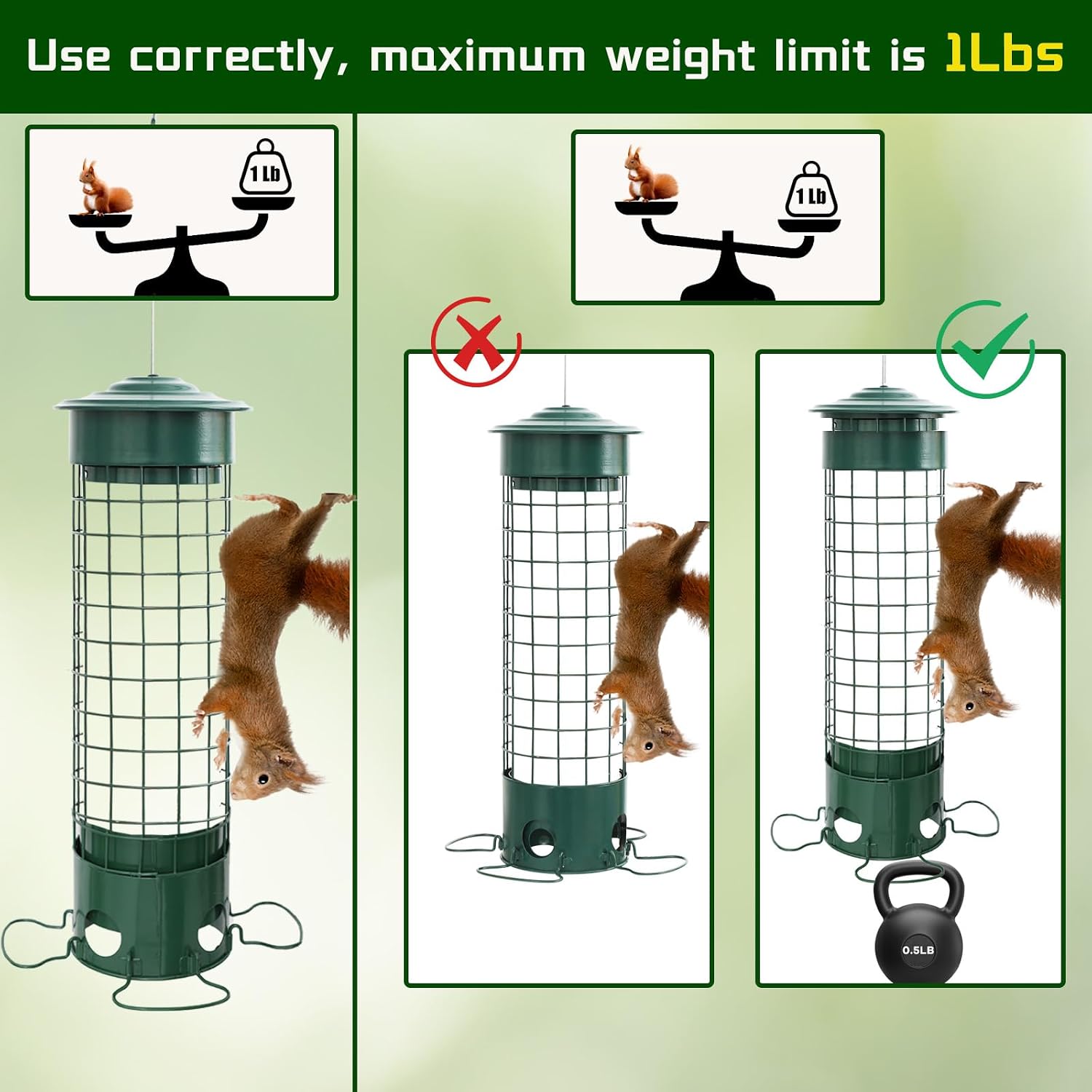 Squirrel Proof Bird Feeder, Weight Activated Outdoor Hanging Metal Bird Feeder, Bite Proof, Weatherproof, Durable, Suitable for Chickadees, Goldfinches, Cardinals, 4.4LB Large Capacity, Green - Image 5