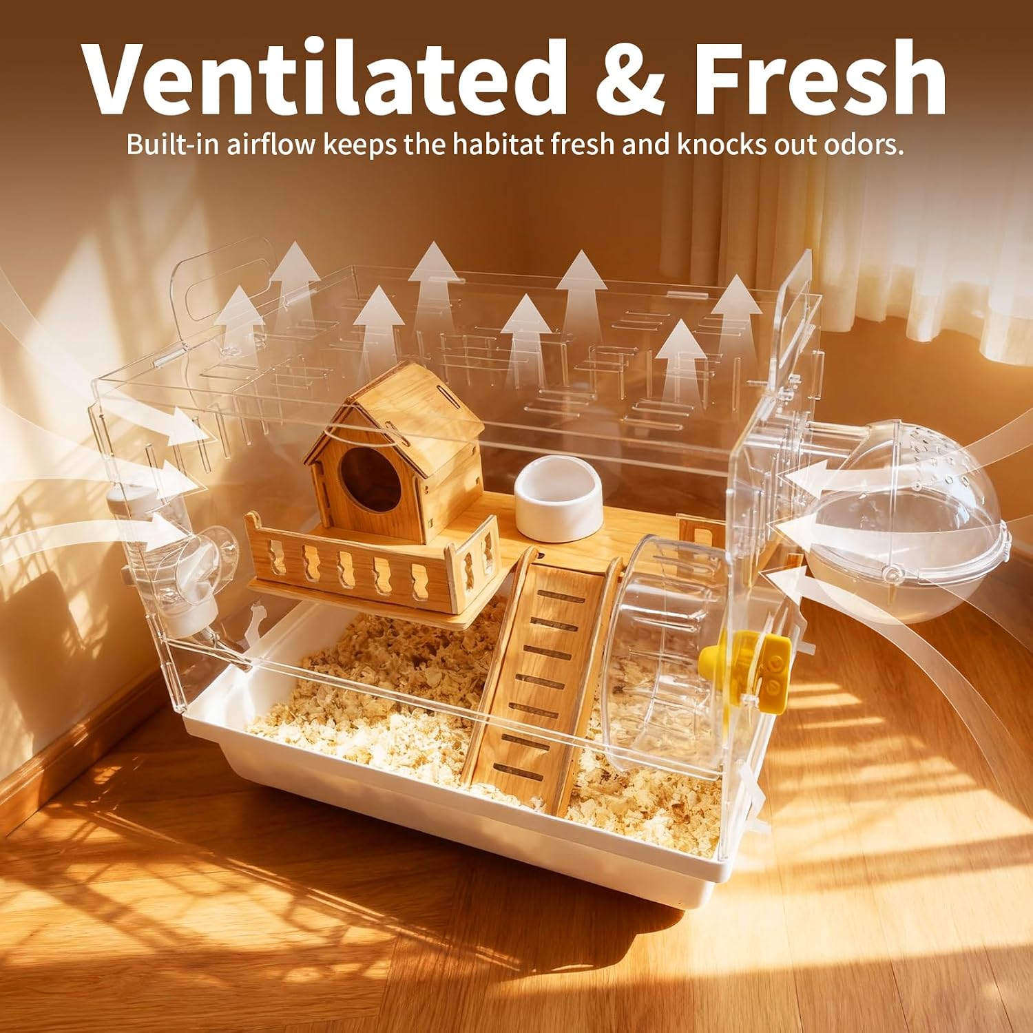Acrylic Hamster Cage, 2-Tier Hamster Cage with Wooden Accessories for Dwarf Syrian Hamsters,14"x10"x*11" Clear Pet Mice Small Hamster Habitat Gerbils House - Image 6