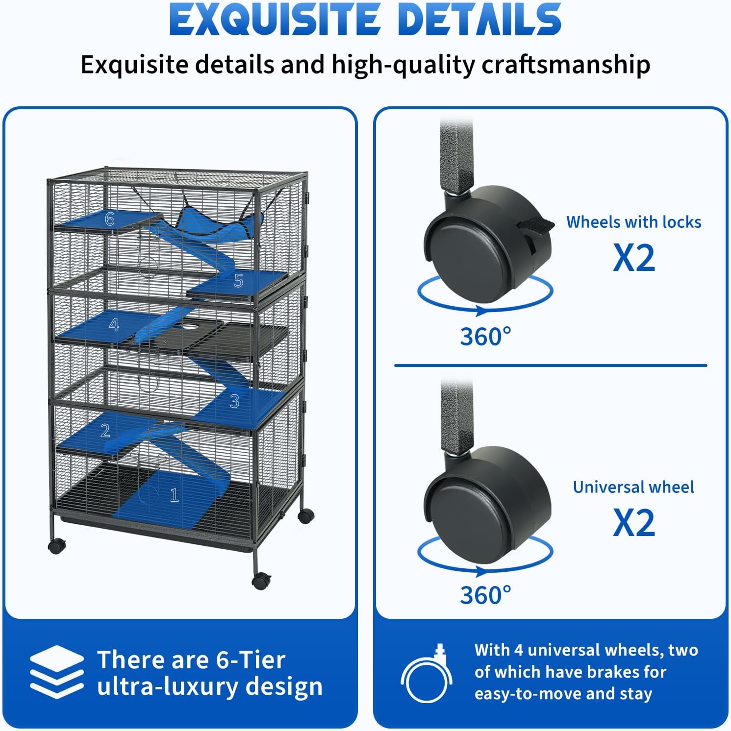 Metal Small Animal Cage 6-Tier Ferret Sugar Glider Cage for Chinchillas/Guinea Pig/Rabbit/Large Hamste Rolling Critter Nation Cage with Flannel ramps, Removable Tray,6 Doors Easy Clean - Image 4