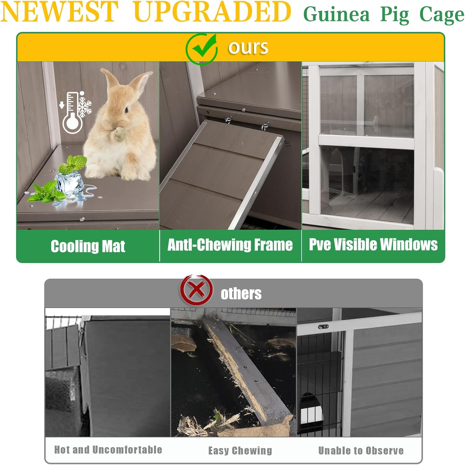 Guinea Pig Cage Indoor, 3-Tier Wooden Small Animal Habitat with Stand, Rabbit Hutch with Ramp, Removable Hammock & Hideout, Leak-Proof Pull-Out Tray for Guinea Pigs, Rabbits, Hamsters - Image 4