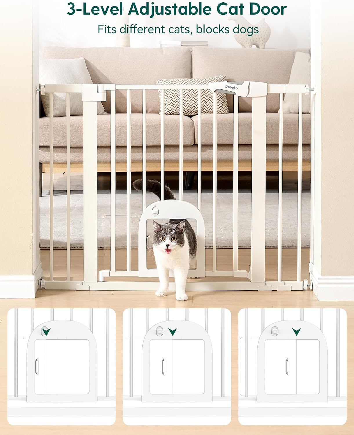 Babelio Upgraded Baby Gate with Adjustable Cat Door, CatPrivilege Ⅲ, 29-43" Auto Close Durable Dog Gate for Stairs, Doorways and House, Easy Walk Thru Safety Gate with Pet Door, White - Image 2