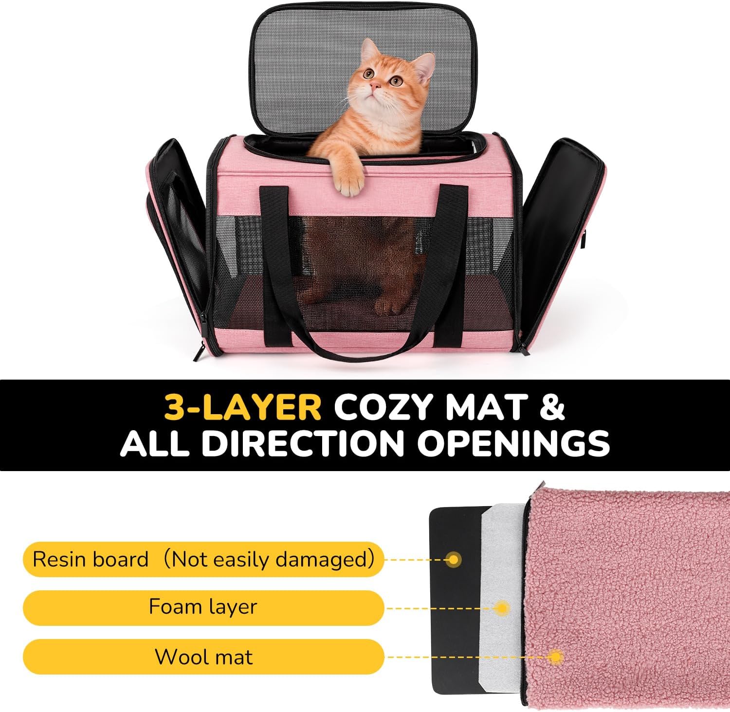 Hipubby Cat Carrier Dog Carrier for Pets Up to 16 Lbs, Soft-Sided Pet Travel Carrier for Cats and Small Dogs, Airline Approved Pet Carrying Case with Shoulder Strap & Removable Mat - Pink - Image 2