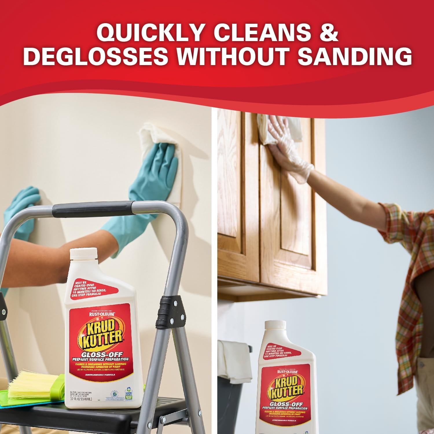 Krud Kutter Gloss-Off Prepaint Surface Preparation Cleaner, 32 oz, No Sanding Liquid Deglosser for Cabinets, Trim, Doors and Furniture, Removes Dirt Grease and Gloss for Paint Adhesion - Image 4