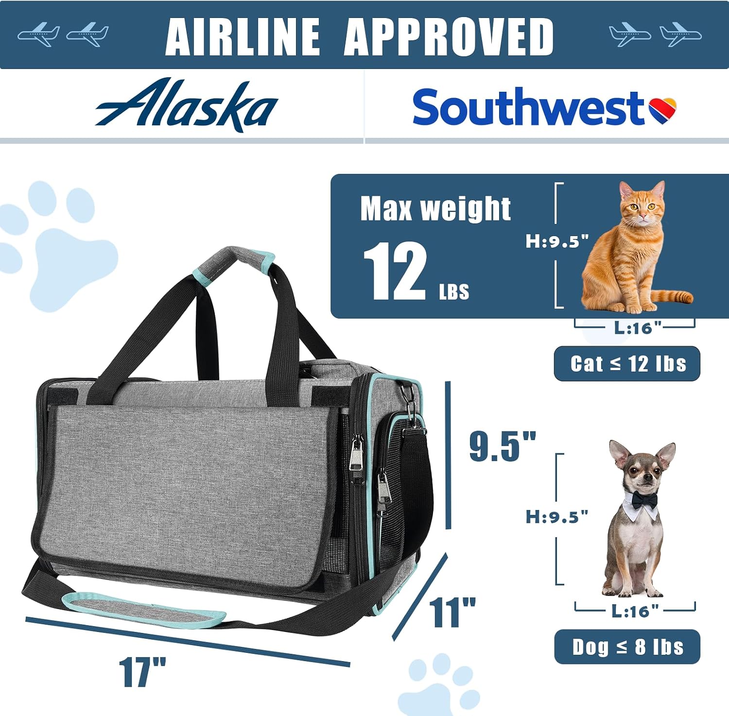 GAPZER Cat Carrier Alaska, Southwest Airline Approved TSA 17x11x9.5 Inches | Soft-Sided Small Pet Air Travel Carry Bag, Airplane Kitten 12lbs Crate in Cabin Under-Seat Traveling Cage Tiny Dog Under 8 lb - Image 2