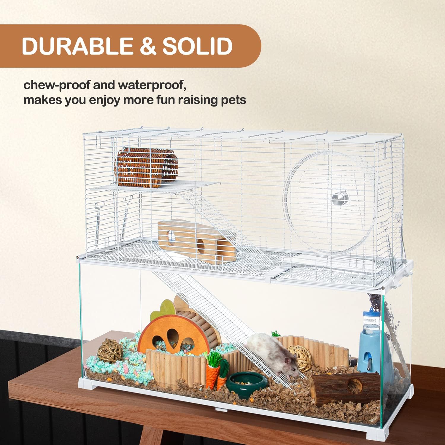 3 Tiers Large Hamster Cages, Glass Hamster Cage Habitat with Openable Wire Topper, Gerbil Cage with Two Ladders Ramps and Removeable Waterproof PVC Tray, Easy to Clean - Image 5