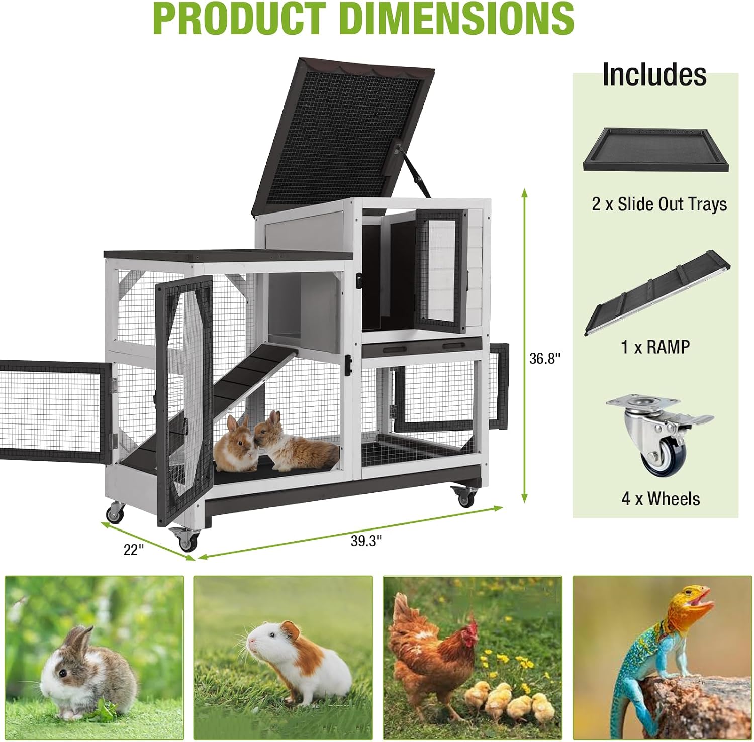Gutinneen 2-Story Rabbit Hutch Bunny cage with Chew-Proof Ramp, Locking Leak-Proof Trays - Indoor/Outdoor 39.3" Wooden Rabbit Cage with Wheels for Rabbits, Guinea Pigs, Small Animal (Black and White) - Image 7