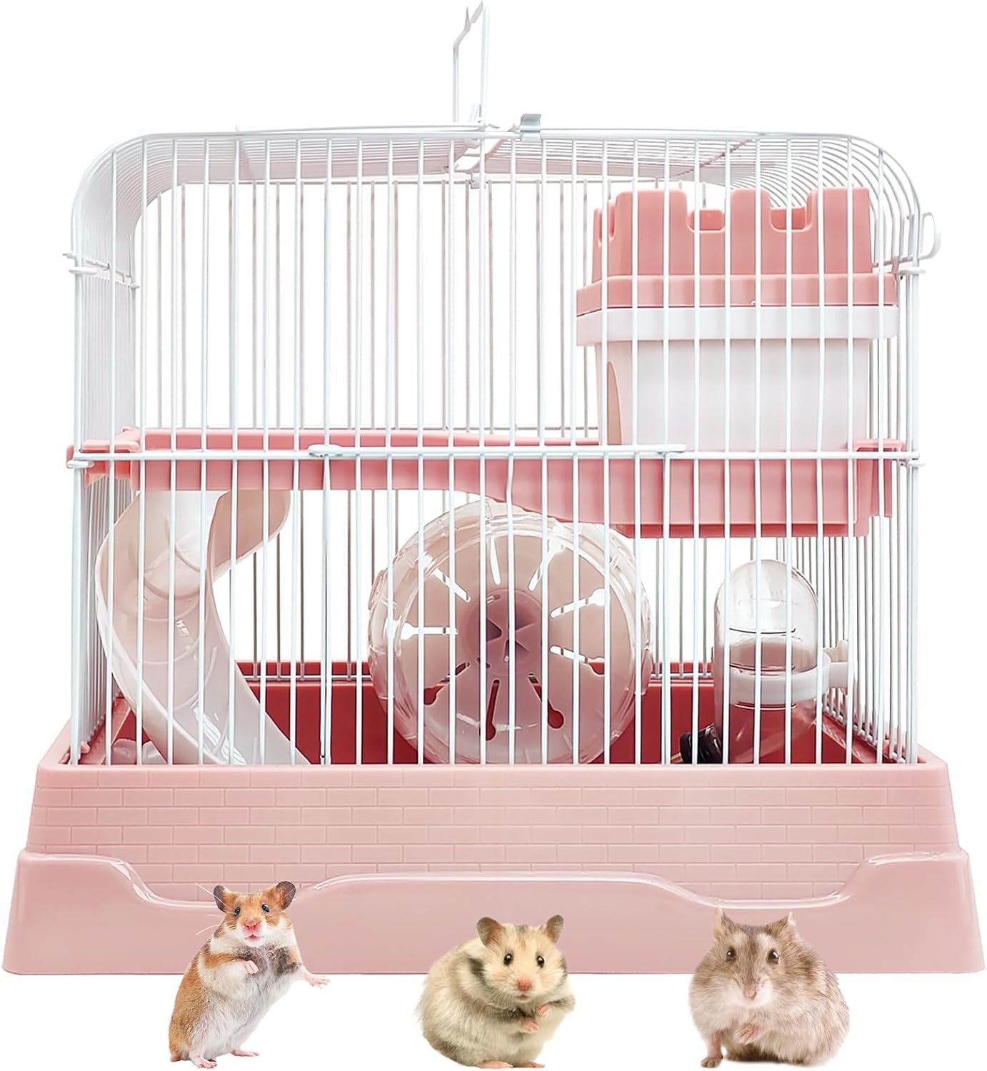 PINVNBY 2-Tier Dwarf Hamster Cage, Travel Portable Guinea Pig Cages Rat Cage and Habitats Small Animal Carrier with Castle House Running Exercise Wheels, Water Bottle and Food Dish (Pink