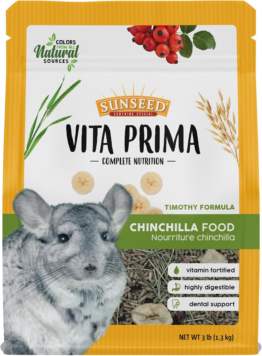 Sunseed Vita Prima Chinchilla Food - 3 Lb Resealable Bag – Instinctive Foraging Blend with Ancient Grains – No Artificial Colors Flavors Or Preservatives – Added Vitamins and Minerals