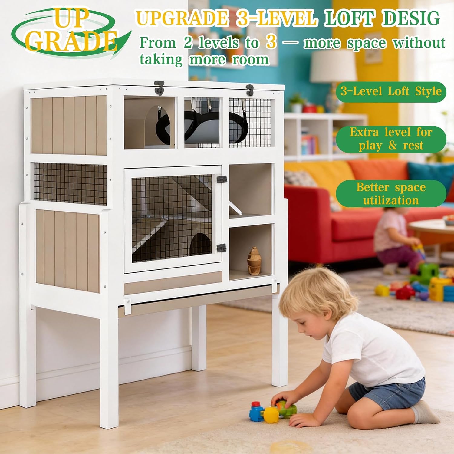 Guinea Pig Cage Indoor, 3-Tier Wooden Small Animal Habitat with Stand, Rabbit Hutch with Ramp, Removable Hammock & Hideout, Leak-Proof Pull-Out Tray for Guinea Pigs, Rabbits, Hamsters - Image 7