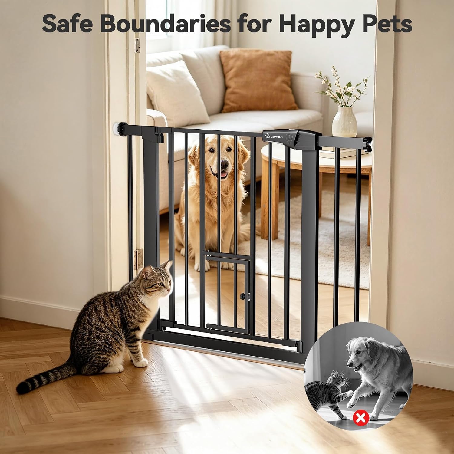 COMOMY Auto Close Pet Gate with Cat Door, 29.5"-40.5" Dog Gate for House Doorways Stairs, Pressure Mounted Easy Walk Thru Safety Gate, Includes 4 Wall Cups and 2 Extension Pieces, Black - Image 4