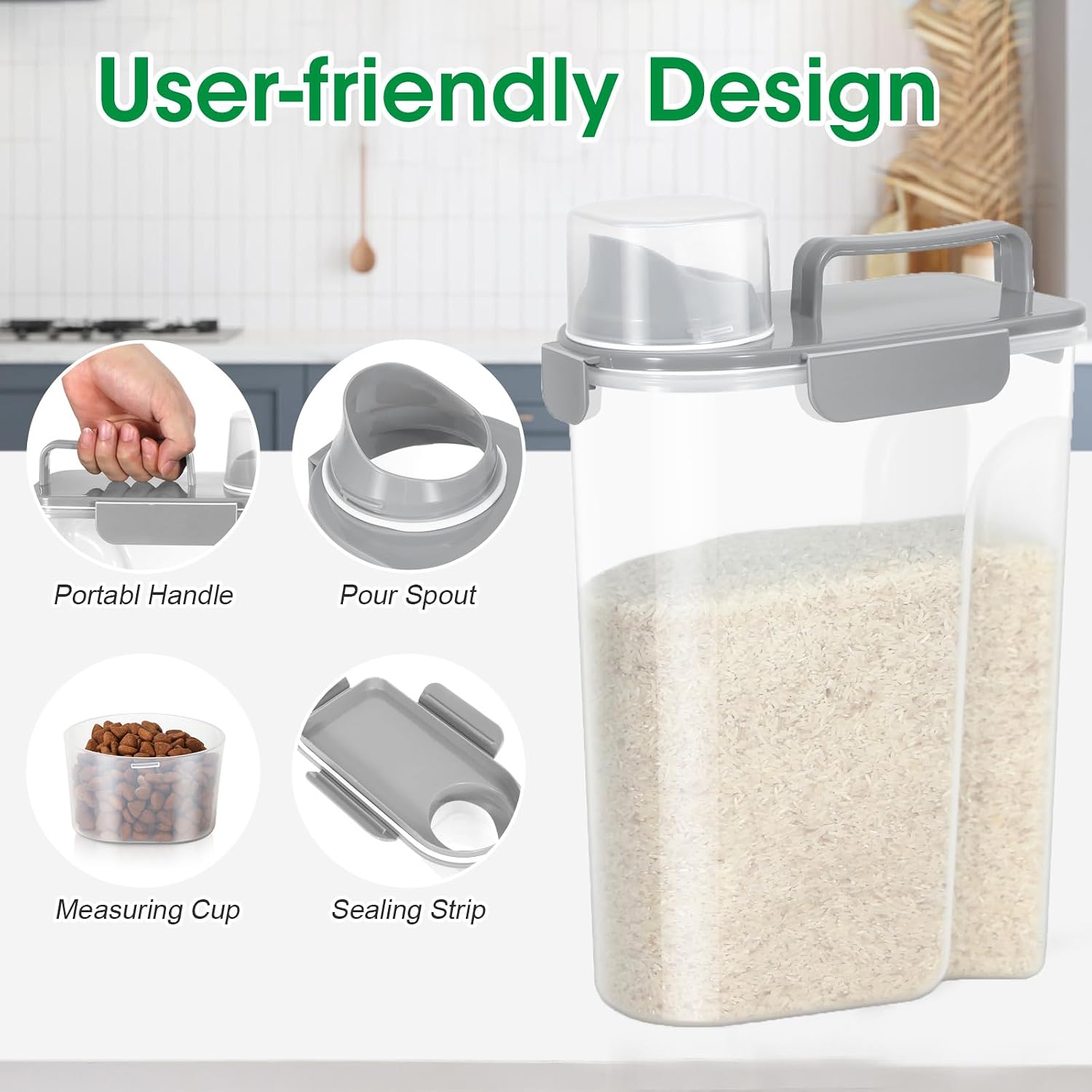 TBMax Rice Container 10 Lbs, Cereal Container Oatmeal Storage, Airtight Food Dispenser with Easy-pouring Spout & Handy Cup for Flour Grain Beans, Pet Dog Cat Bird Food Storage Container - Image 4