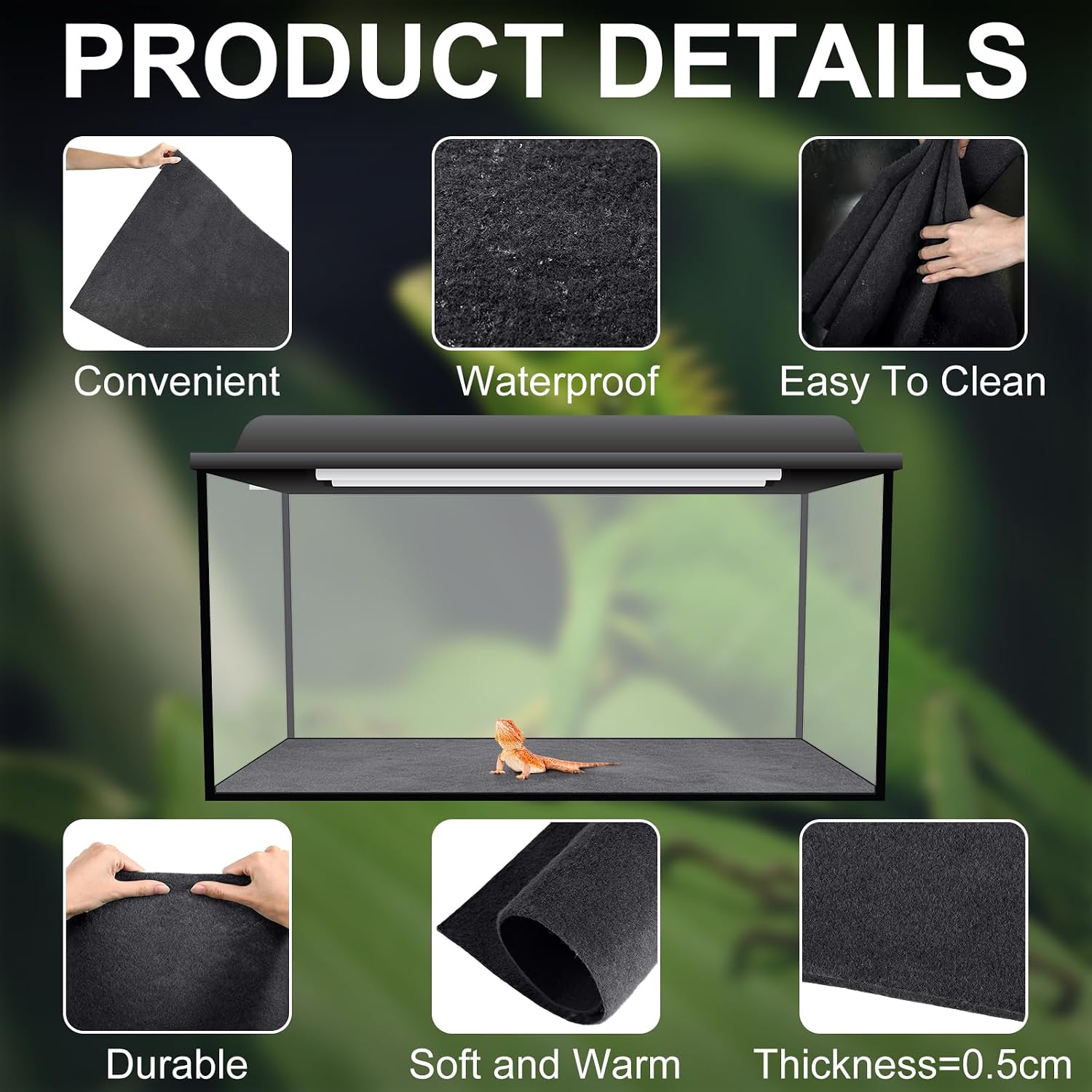 Haull 4 Pcs Reptile Carpet Pet Terrarium Floor Liners Bedding Substrate Liner Supplies Reptile Cage Mat Tank Accessories for Lizard Bearded Dragon Tortoise Snake Leopard (Black,47 x 24 Inch) - Image 5
