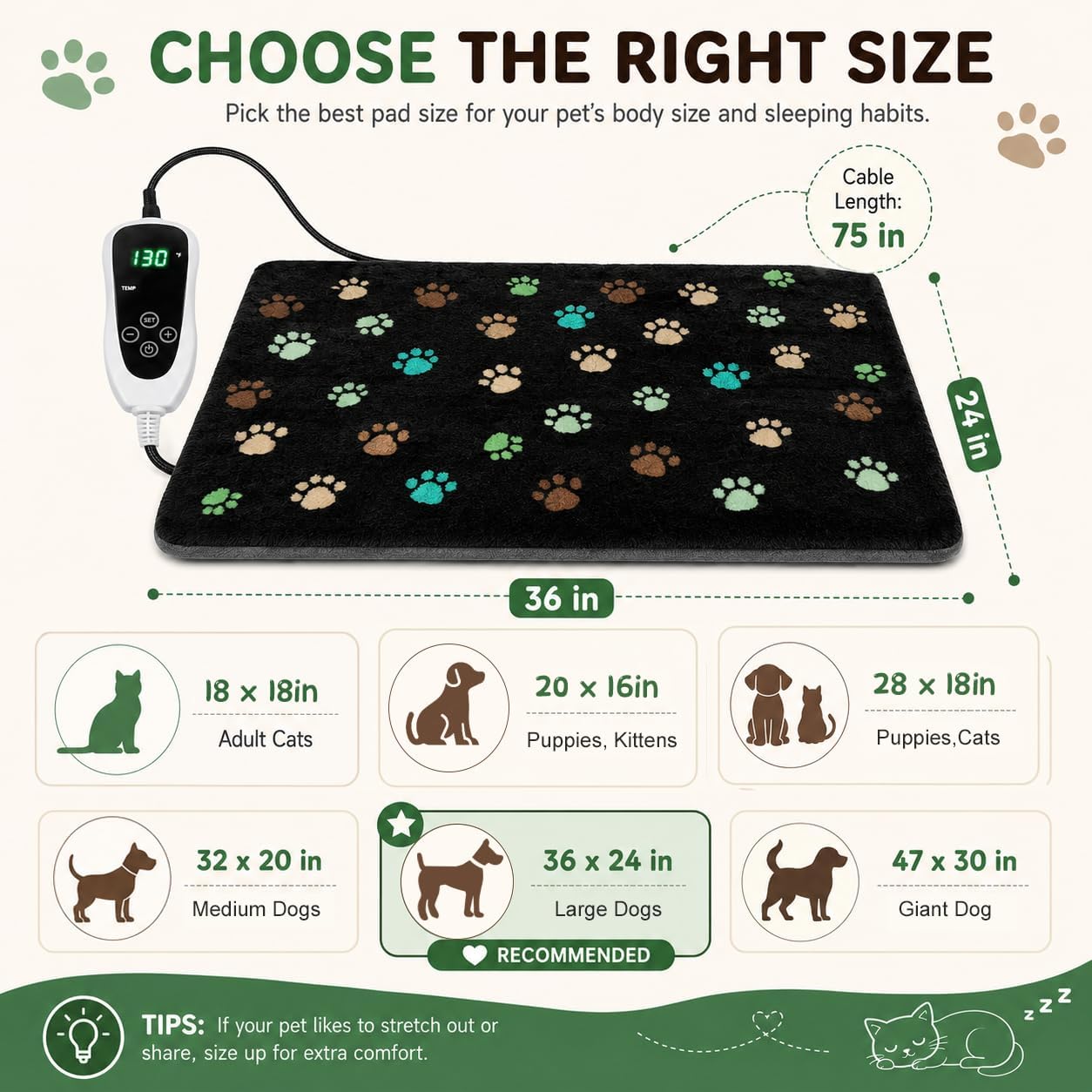 GOLOPET Large Dog Heating Pad 36x24 in with Smart Thermostat Switch and Power Line Protection Tube,Obtained MET and UL Dual Certification,Waterproof Pet Heating Pad for Dogs,with Plush Fabric Cover - Image 2