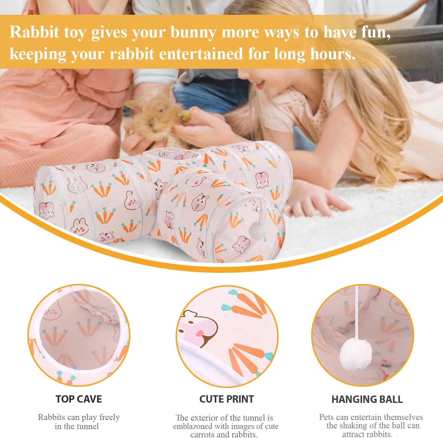 HERCOCCI Rabbit Toys, Bunny Tunnels & Tubes, Collapsible 3 Way Rabbit Hideout Tunnel with Chew Toys for Bunny Guinea Pig Ferret Kitten - Image 3