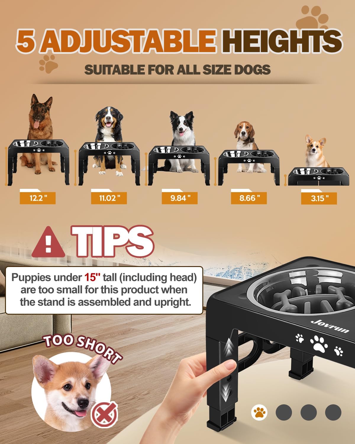 Jovrun Elevated Dog Bowls for Medium Large Size Dogs, Non-Slip Dog Feeder with 1*Stainless Steel Dishes & 1*Slow Feeder Bowl, 5 Heights Adjustable Raised Bowls to 3.15″-8.66″-9.84″-11.02″-12.2″ - Image 2