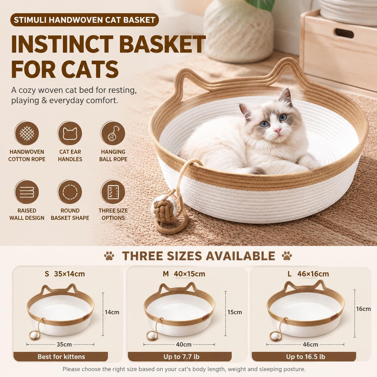 Instinct Basket for Cats, 35/40/46cm Stimuli Handwoven Cat Basket Bed with Cat Ear Handles, Cotton Rope Cat Basket Bed Ball Rope, Indoor Use for All Cats - Image 3