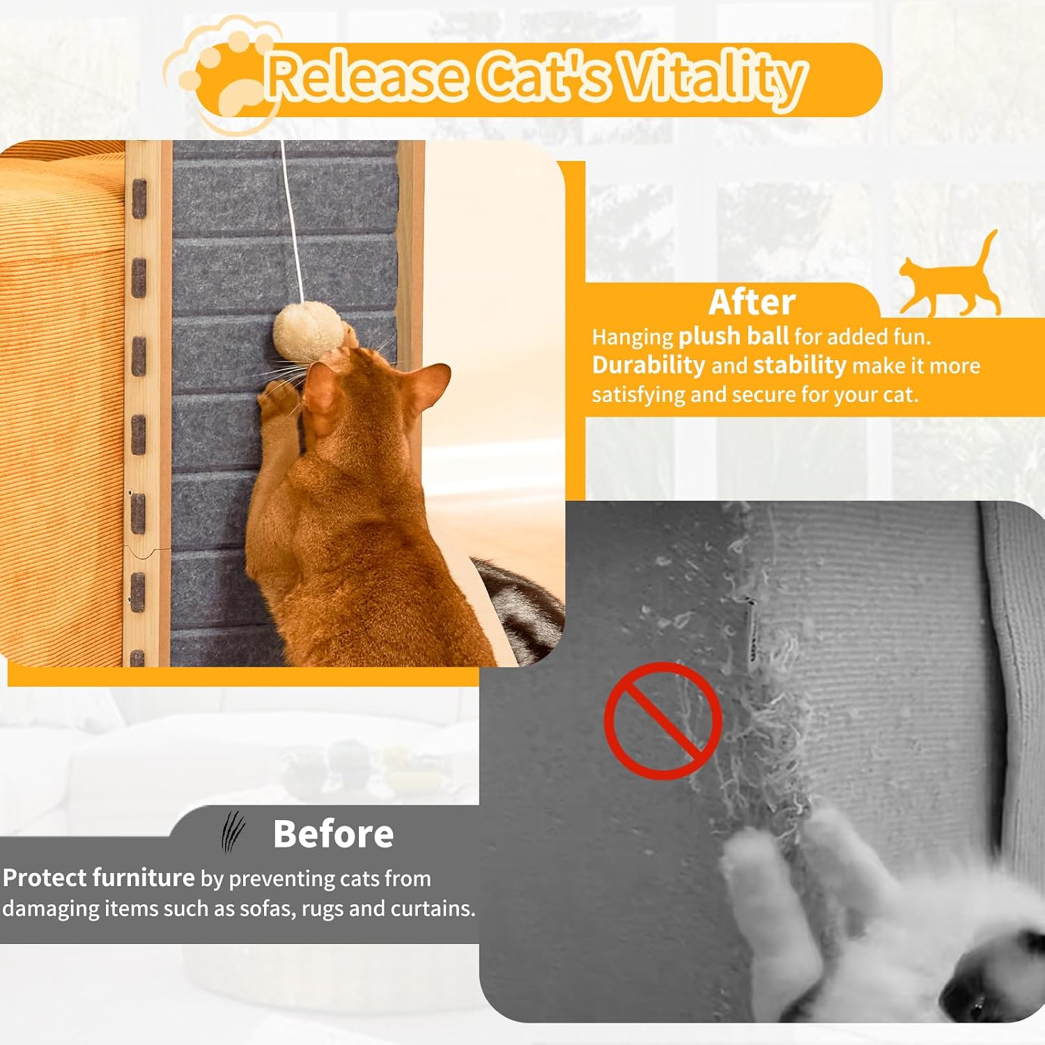 Cat Scratch Pad Felt Cat Scratcher for Indoor Cats Scratching Board Scratchers for Large Cat Scratch Furniture Protector with Ball Kitten Toys L Shape 26.8 Inch Grey - Image 5