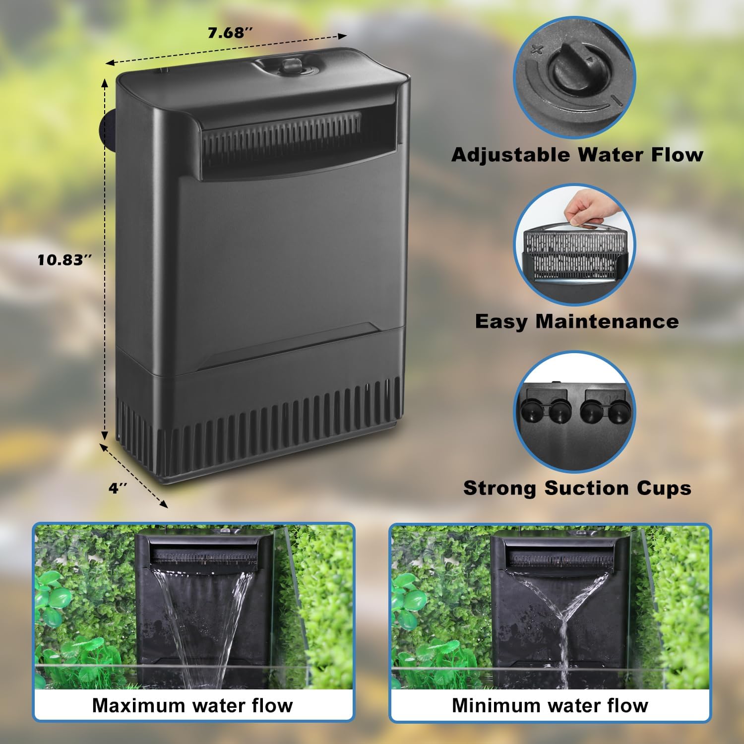 Turtle Tank Filter Aquarium Filter Power Adjustable 20-75 Gal. 290GPH Large Internal Filter 3-Stage Waterfall Bio-Filtration Low Water Level for Freshwater Saltwater Fish Tank Reptile Shrimp Frog - Image 5