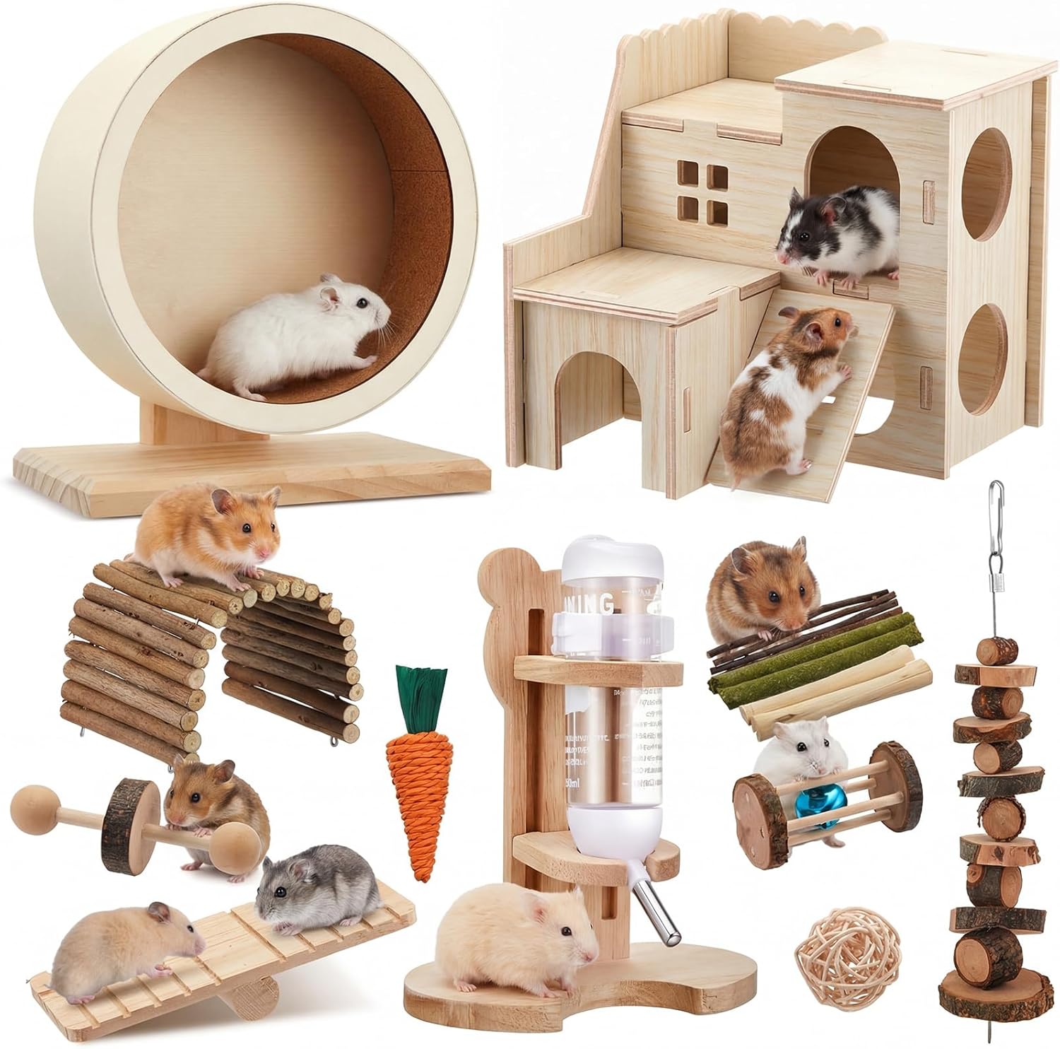 18 Pcs Hamster Cage Accessories, Silent Hamster Wheel, 15 Chew Toys Set, Maze Wood House and Water Bottle Set for Rat Mice Small Animals Habitat (Harmony Wooden Style)