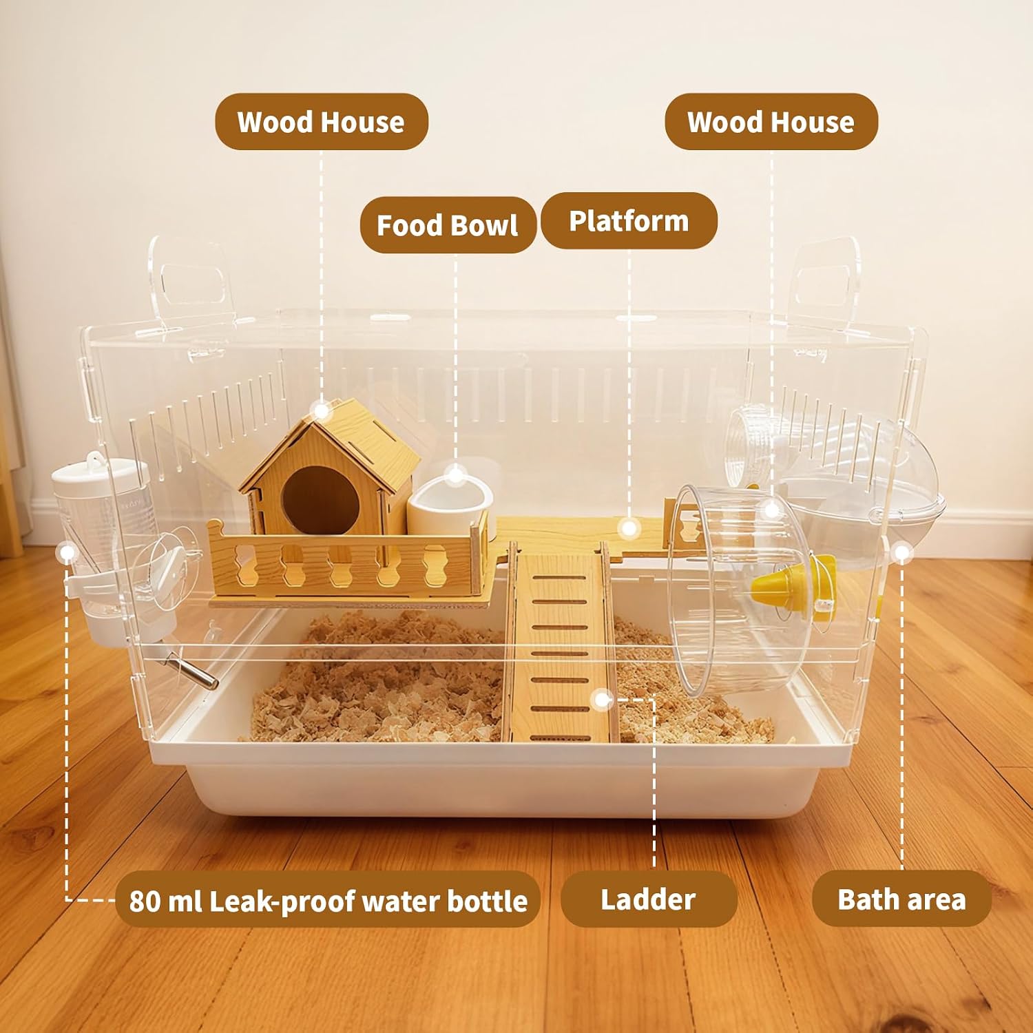 Acrylic Hamster Cage, 2-Tier Hamster Cage with Wooden Accessories for Dwarf Syrian Hamsters,14"x10"x*11" Clear Pet Mice Small Hamster Habitat Gerbils House - Image 2