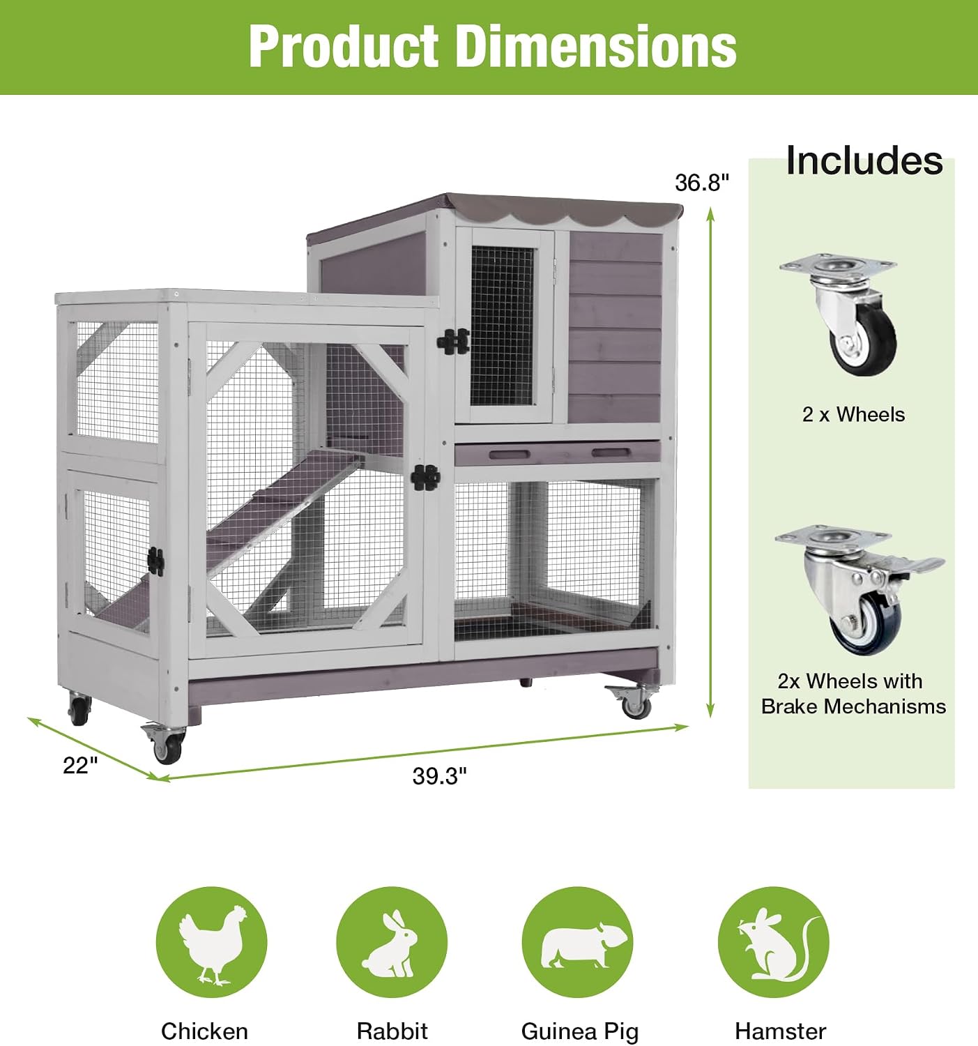 GUTINNEEN Duplex Rabbit Hutch Indoor with Chew-Proof Frame & 2 Leak-Proof Sliding Trays, Rain Cover, Wooden Guinea Pig Cages with Wheels - Grey - Image 8